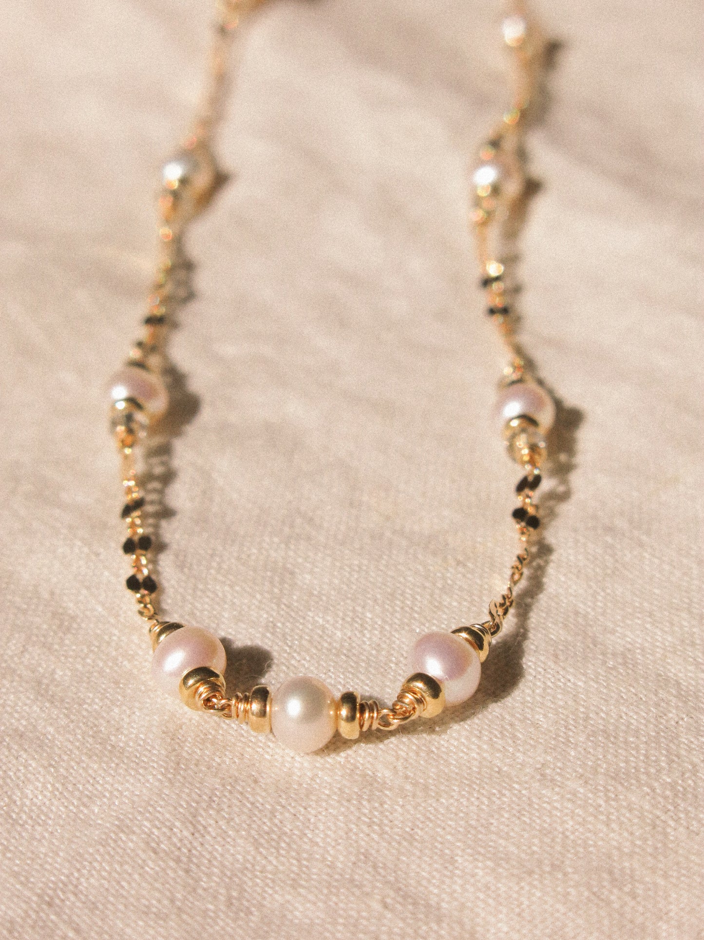 White Pearl and Swarovski Crystal Satellite Choker Necklace with Dapped Sequin Chain, 14K Gold Fill