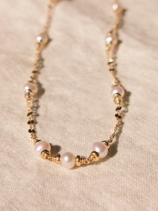 White Pearl and Swarovski Crystal Satellite Choker Necklace with Dapped Sequin Chain, 14K Gold Fill