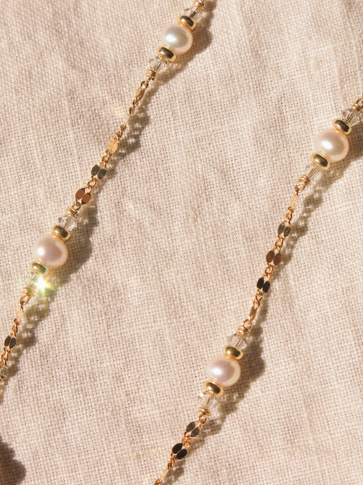 White Pearl and Swarovski Crystal Satellite Choker Necklace with Dapped Sequin Chain, 14K Gold Fill