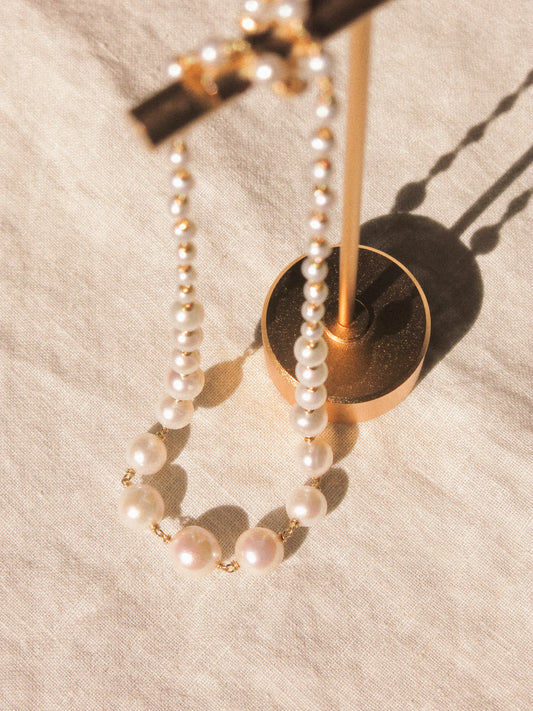 Graduated White Round Pearl Choker Necklace, 14K Gold Fill