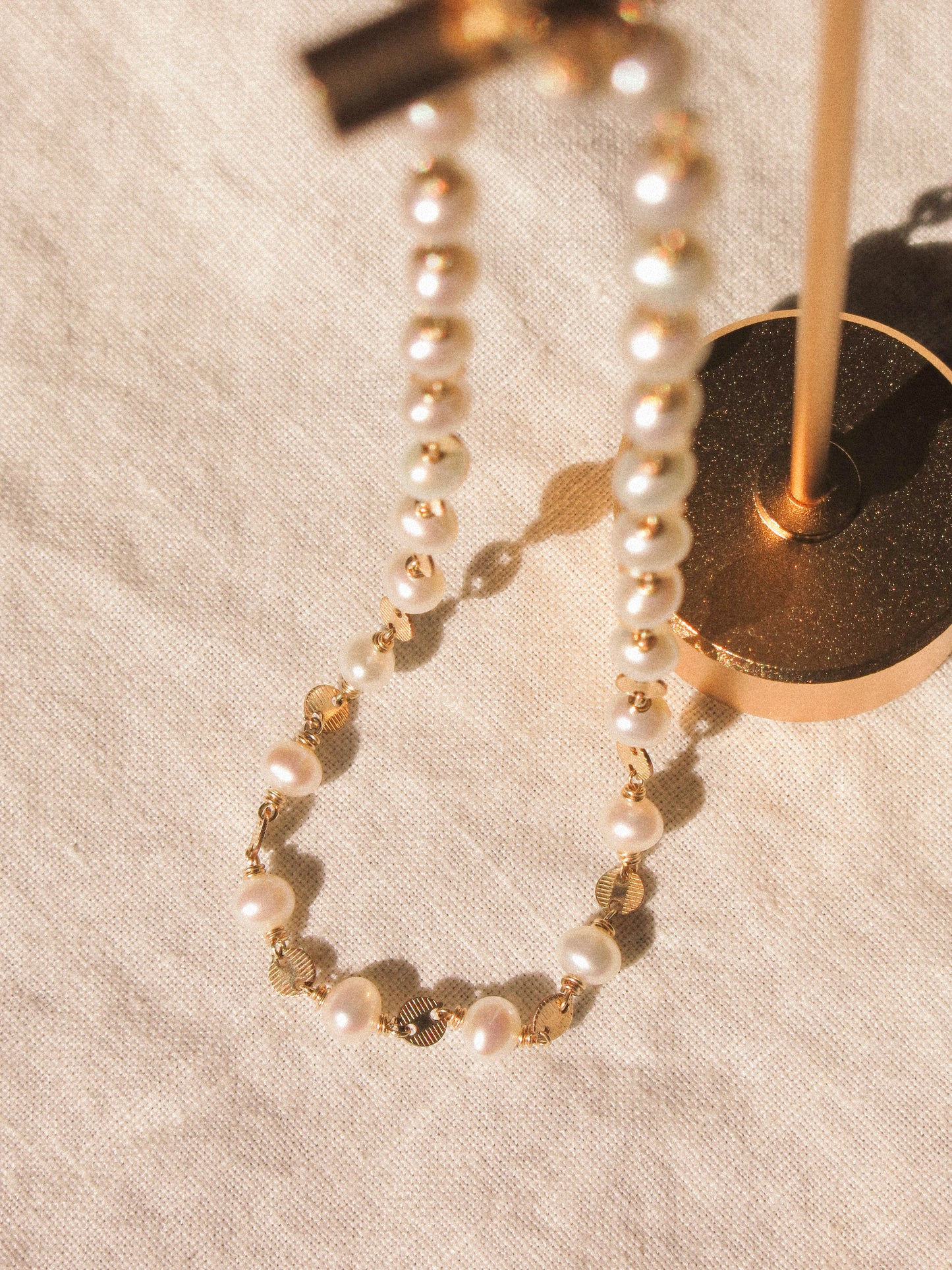 White Pearl and Textured Coin Link Choker Necklace, 14K Gold Fill