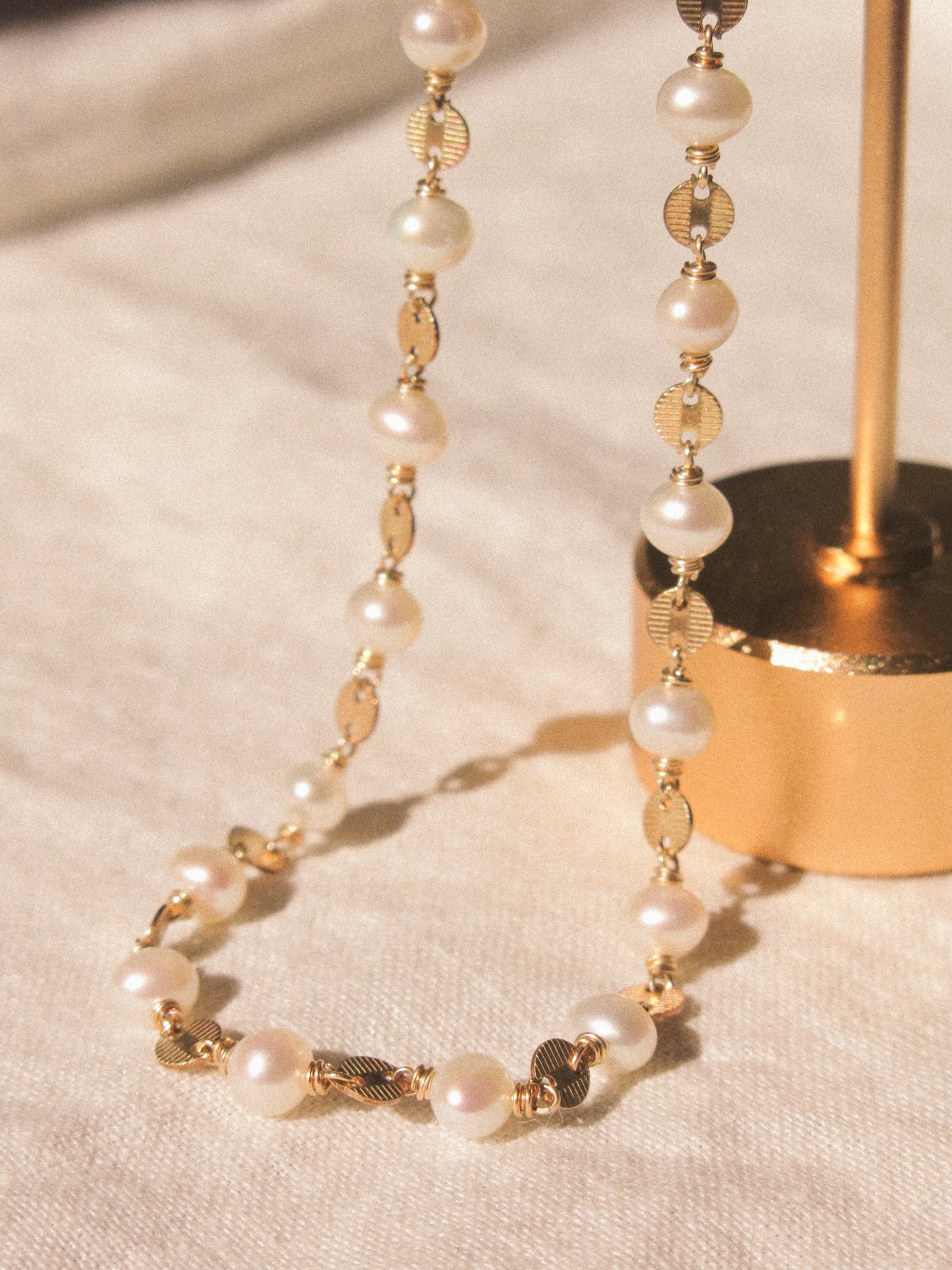 White Pearl and Textured Coin Link Choker Necklace, 14K Gold Fill