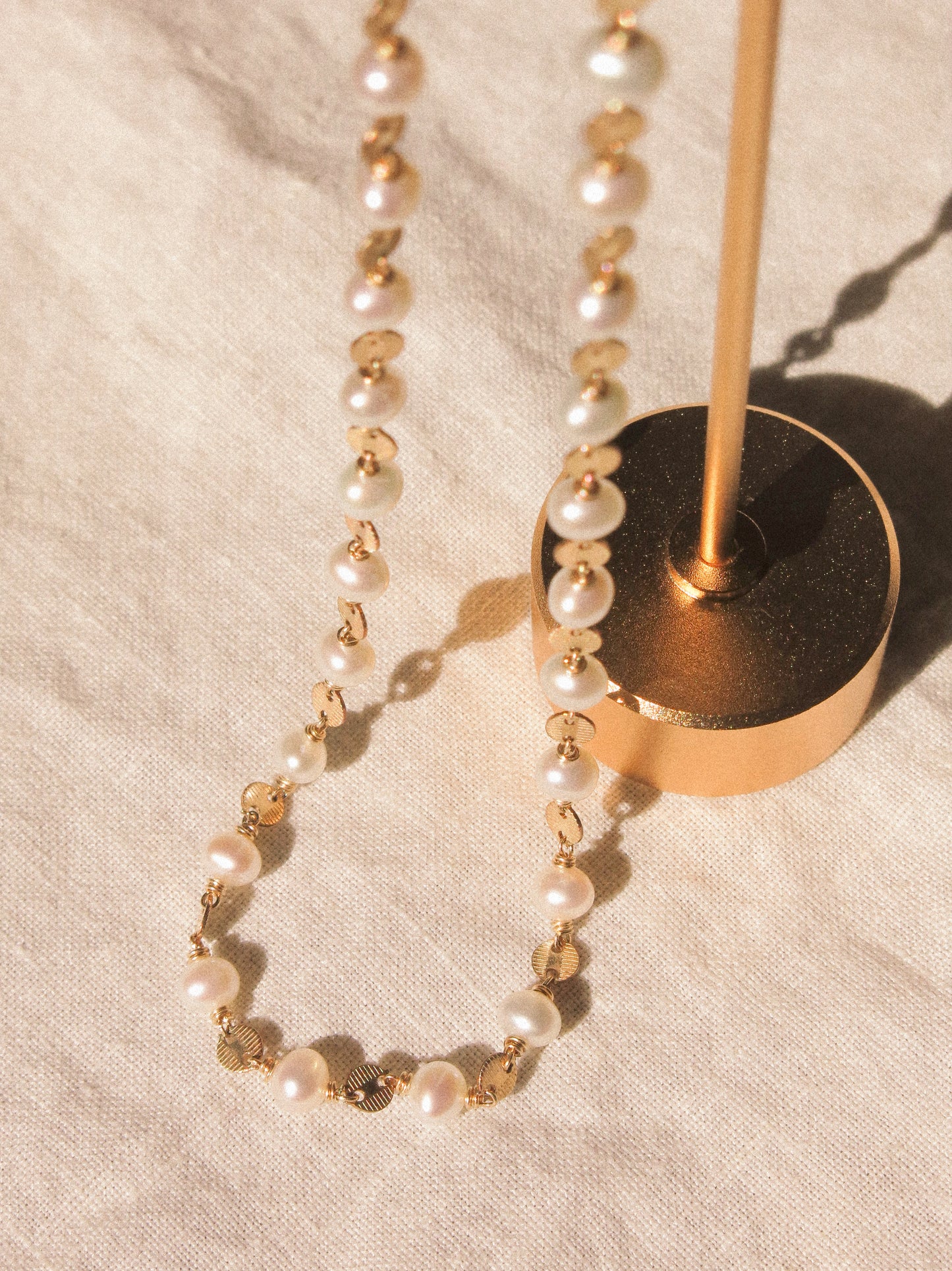 White Pearl and Textured Coin Link Choker Necklace, 14K Gold Fill