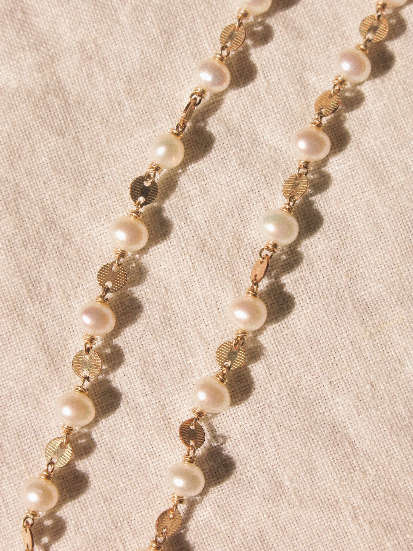White Pearl and Textured Coin Link Choker Necklace, 14K Gold Fill