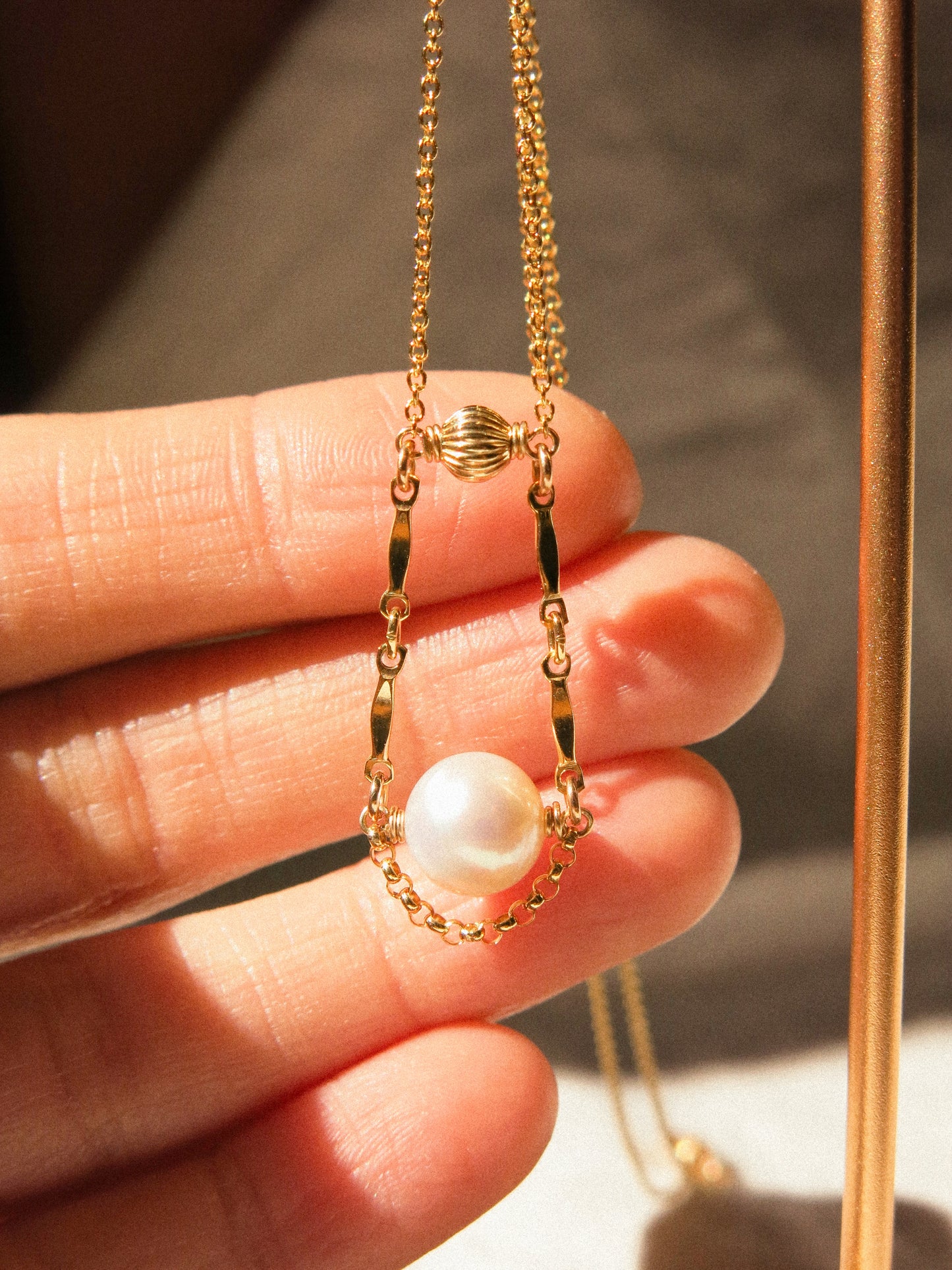 Florence Necklace, White Round Pearl and Dapped Bars, 14K Gold Fill