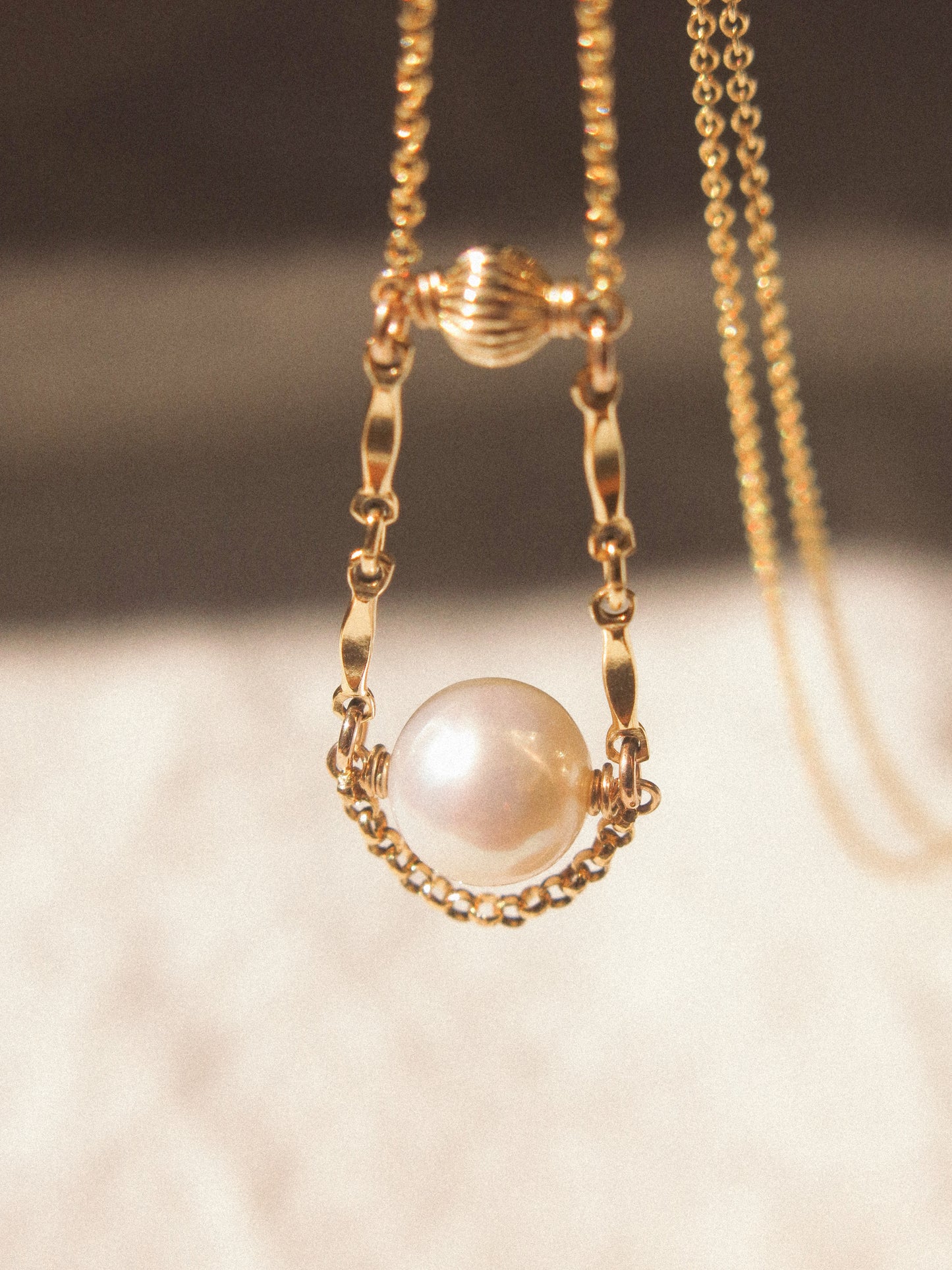 Florence Necklace, White Round Pearl and Dapped Bars, 14K Gold Fill