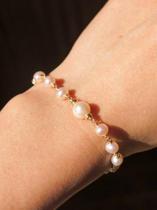 White Pearl and Rondel Bead Wire Wrapped Bracelet with Magnetic Clasp, 6.5”, 14K Gold Fill