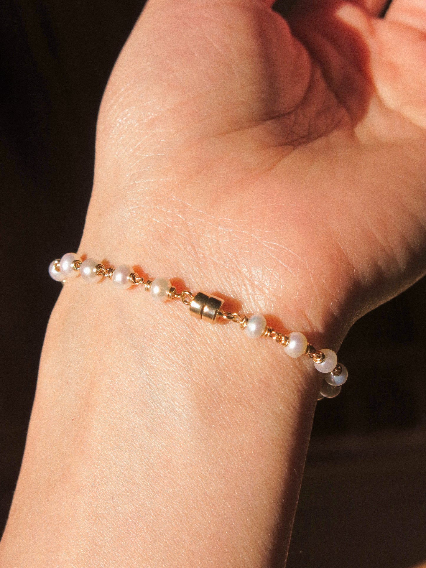 White Pearl and Rondel Bead Wire Wrapped Bracelet with Magnetic Clasp, 6.5”, 14K Gold Fill