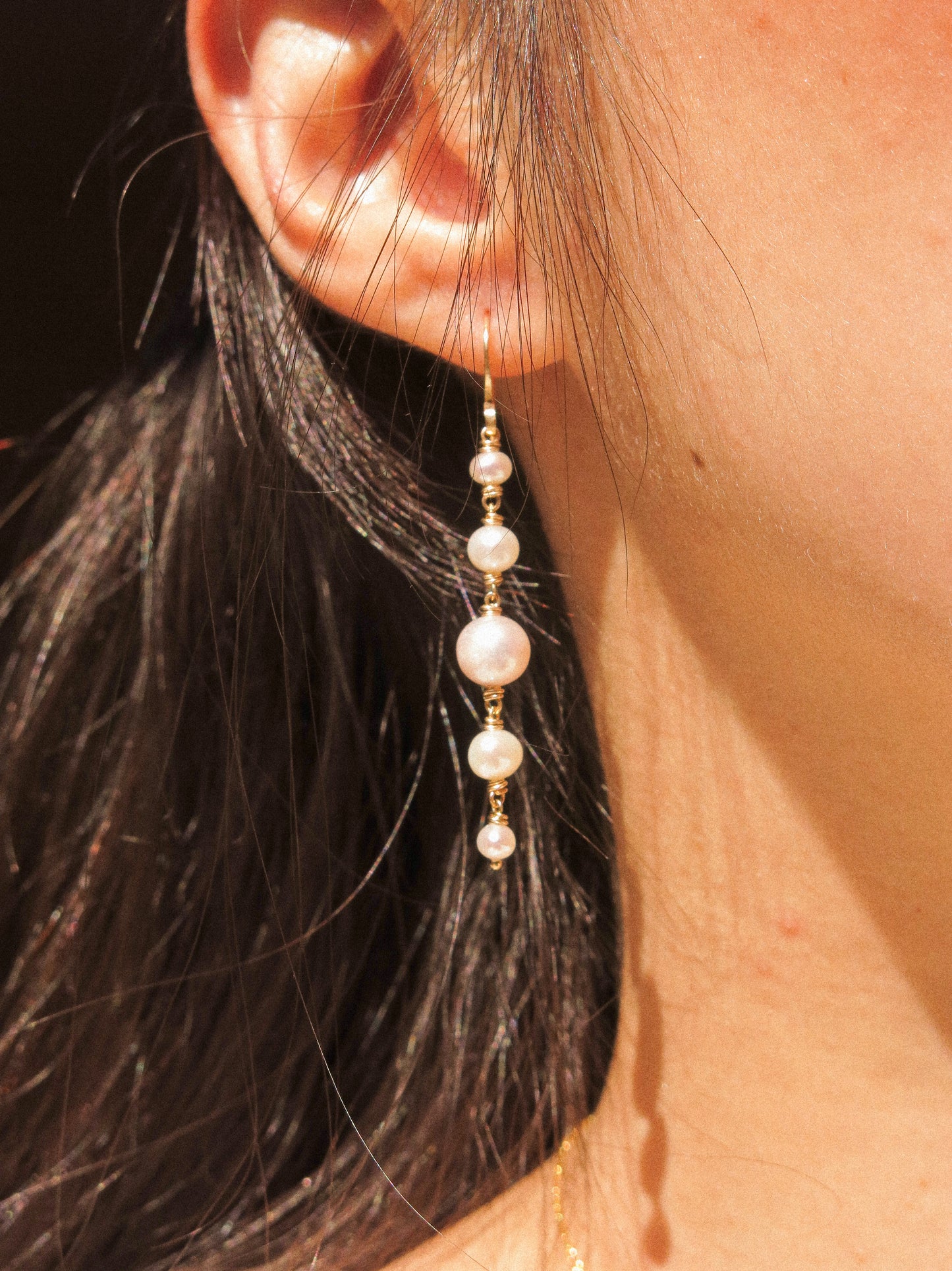 Graduated White Pearl Cascading Earrings #2, 14K Gold Fill