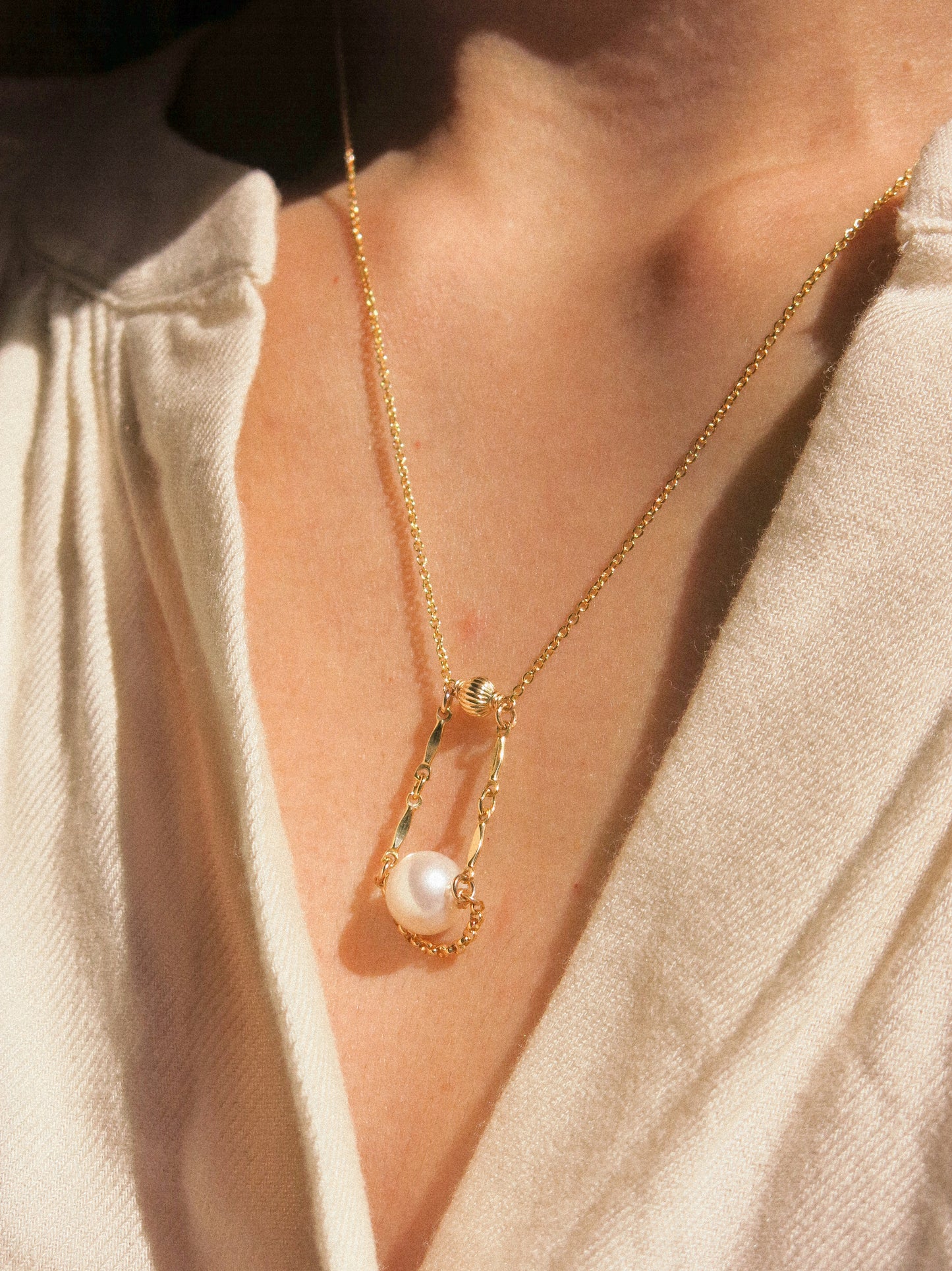 Florence Necklace, White Round Pearl and Dapped Bars, 14K Gold Fill