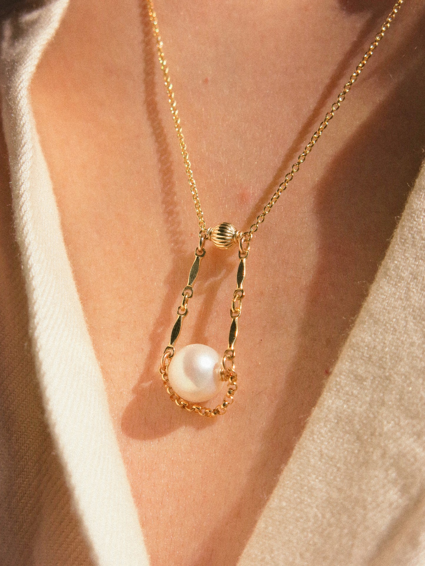 Florence Necklace, White Round Pearl and Dapped Bars, 14K Gold Fill