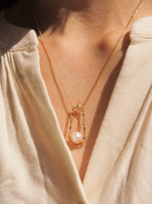 Florence Necklace, White Round Pearl and Dapped Bars, 14K Gold Fill