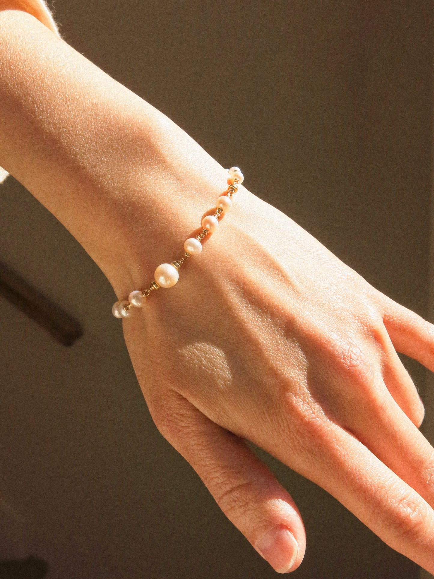 White Pearl and Rondel Bead Wire Wrapped Bracelet with Magnetic Clasp, 6.5”, 14K Gold Fill