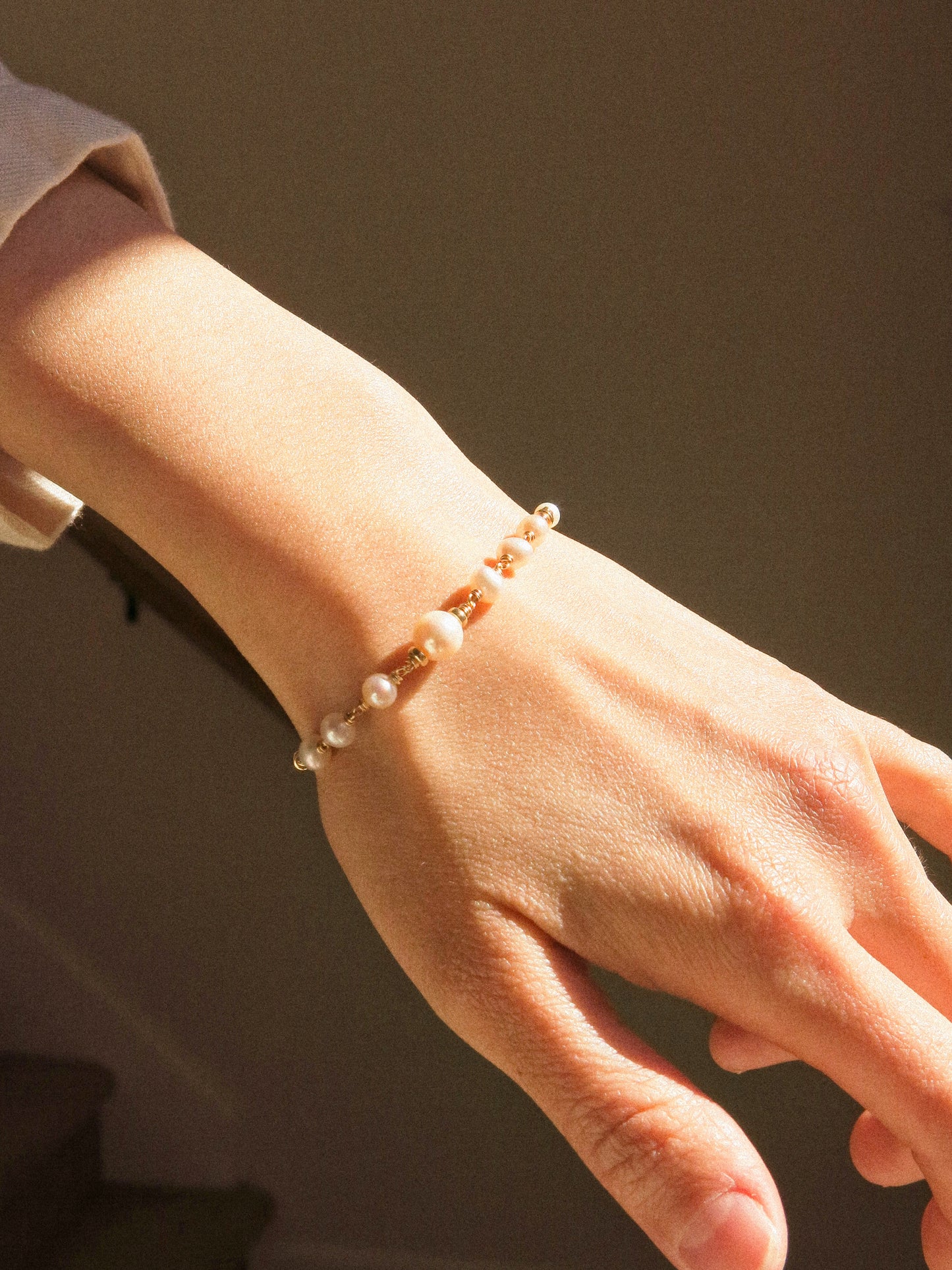 White Pearl and Rondel Bead Wire Wrapped Bracelet with Magnetic Clasp, 6.5”, 14K Gold Fill