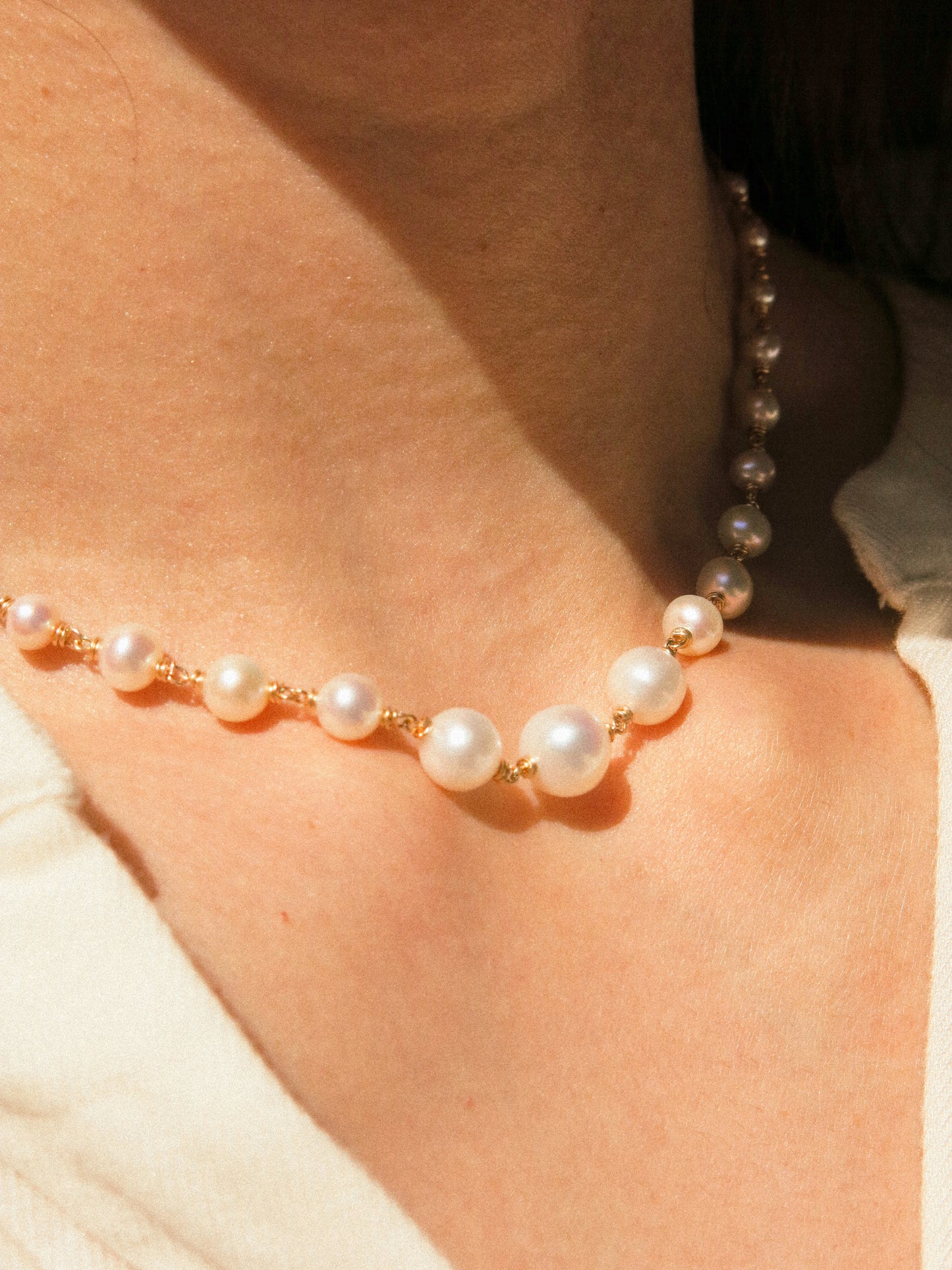 Petite Graduated White Round Pearl Choker Necklace with Curb Chain, 14K Gold Fill