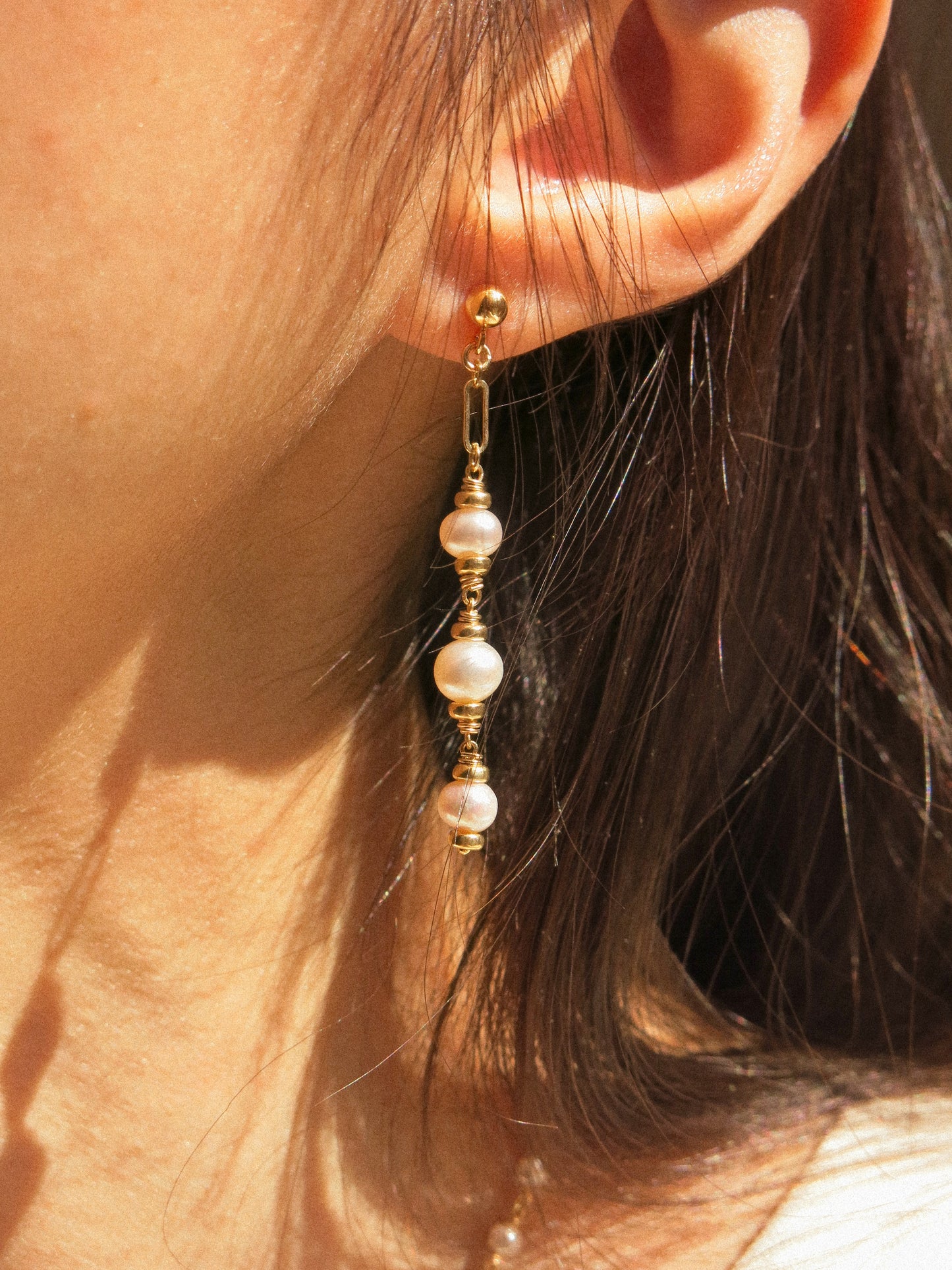 White Pearl Trio Cascading Post Earrings, 14K Gold Fill