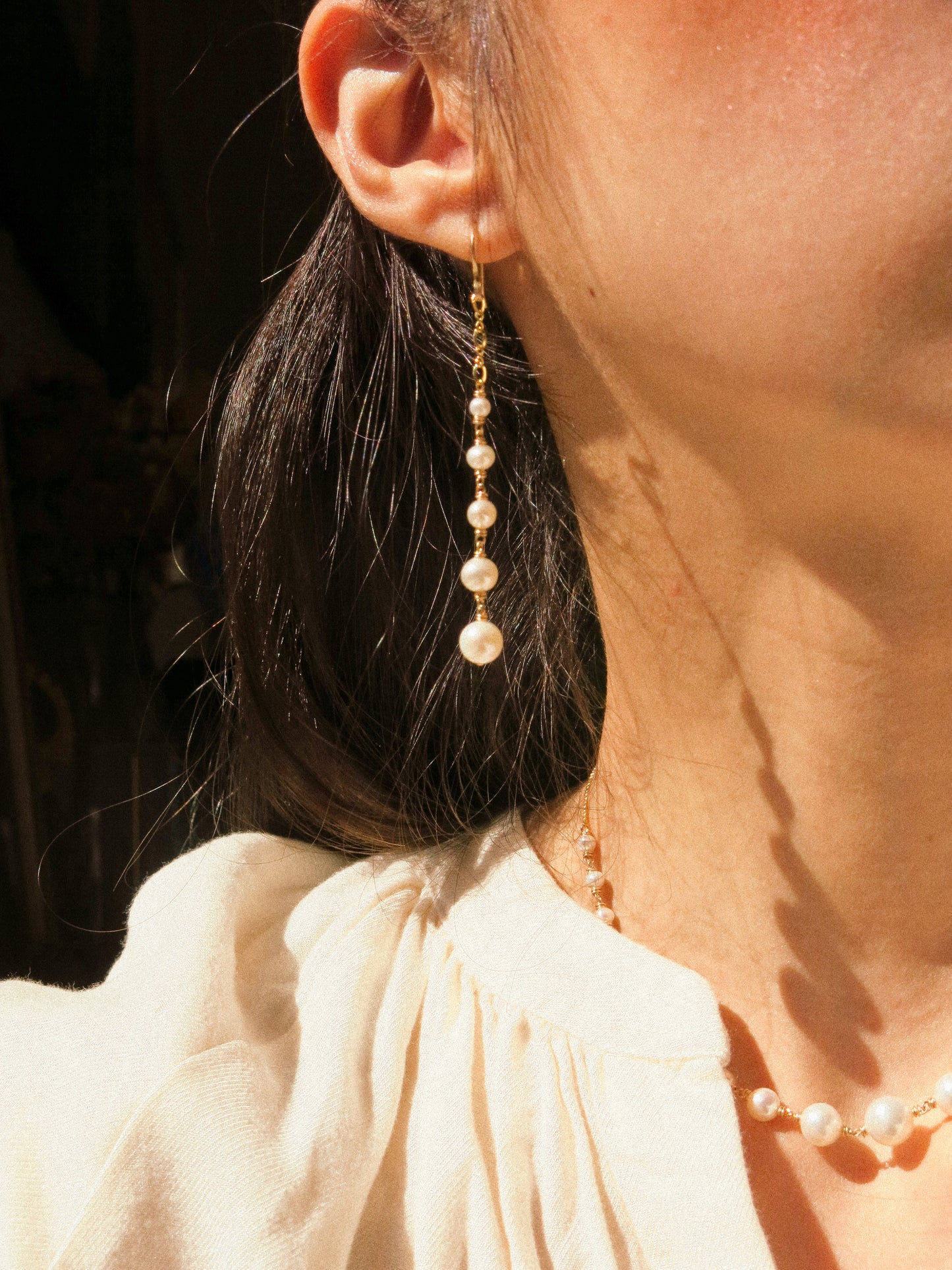 Graduated White Pearl Cascading Earrings with Figure 8 Chain, 14K Gold Fill