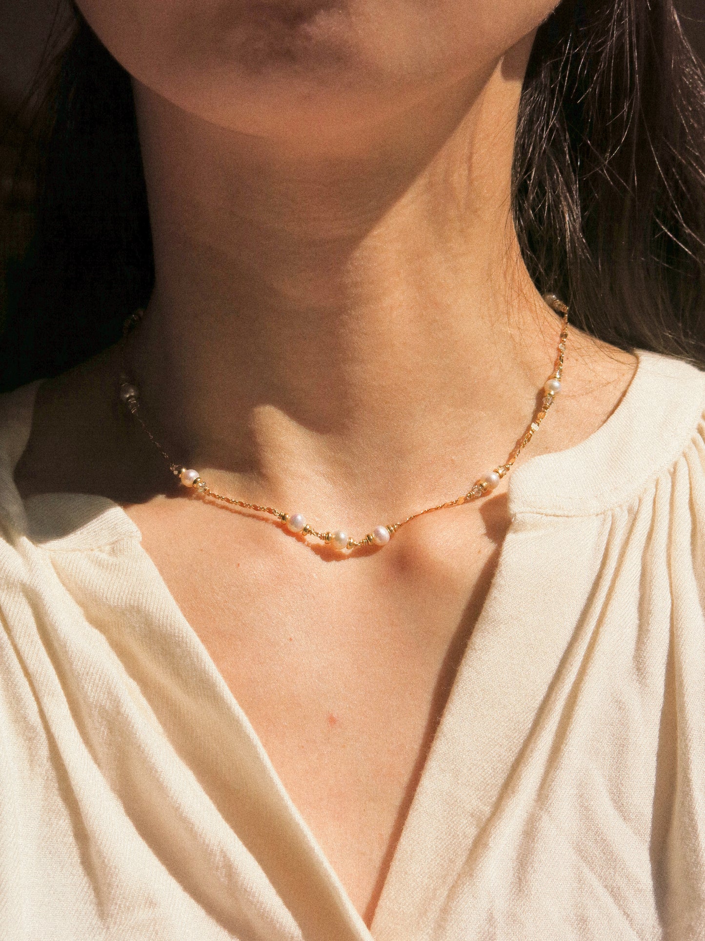 White Pearl and Swarovski Crystal Satellite Choker Necklace with Dapped Sequin Chain, 14K Gold Fill