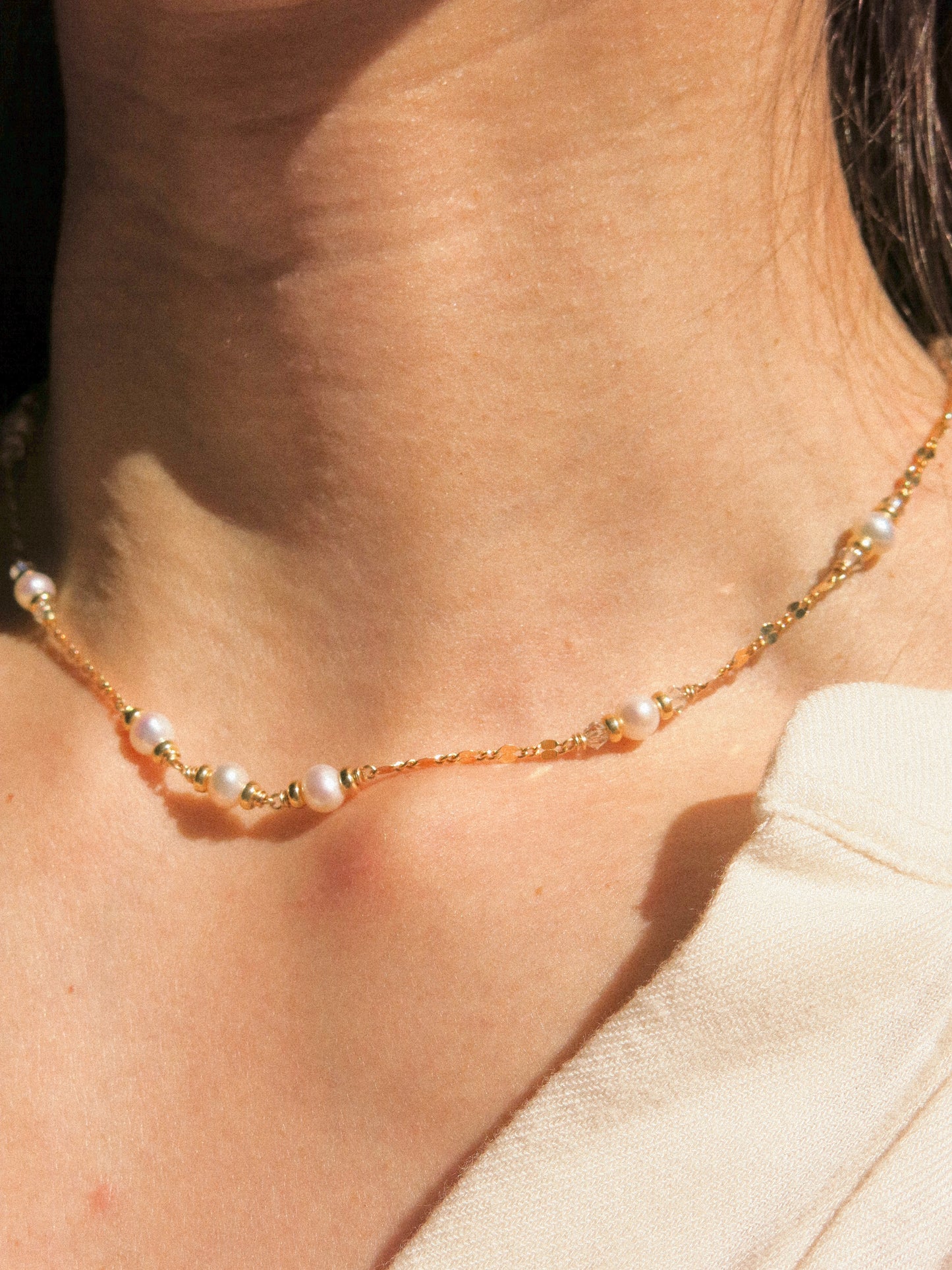 White Pearl and Swarovski Crystal Satellite Choker Necklace with Dapped Sequin Chain, 14K Gold Fill