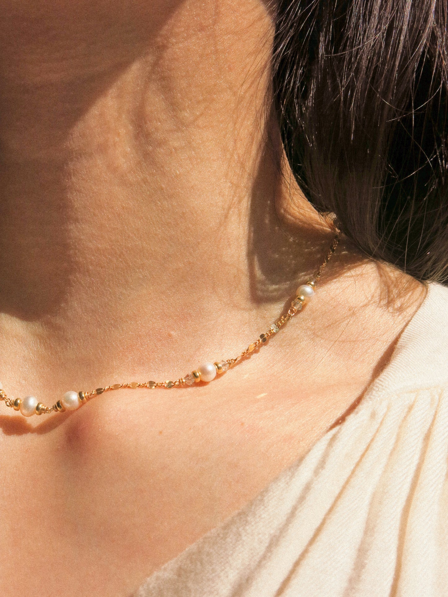 White Pearl and Swarovski Crystal Satellite Choker Necklace with Dapped Sequin Chain, 14K Gold Fill