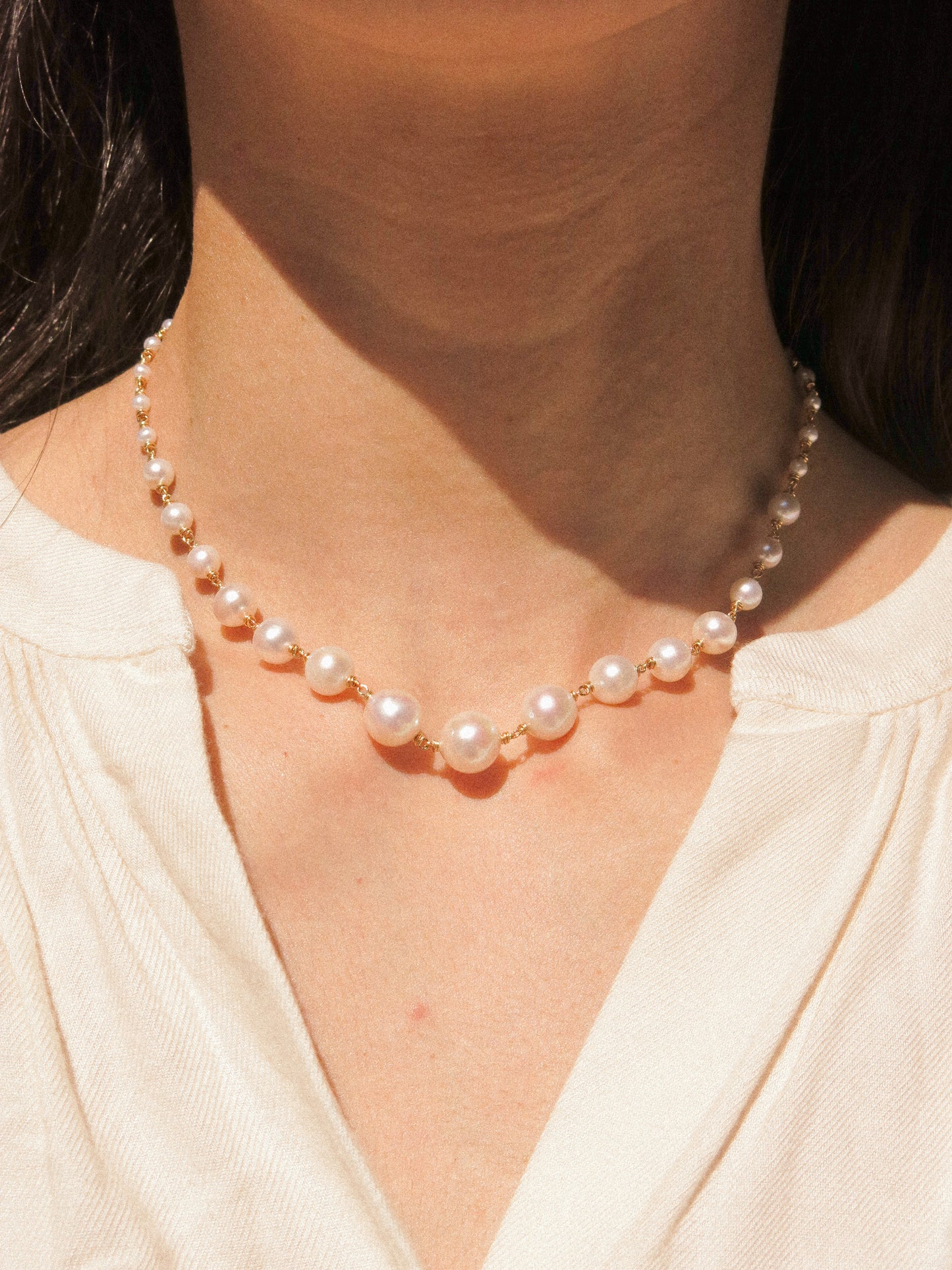 Graduated White Round Pearl Choker Necklace, 14K Gold Fill