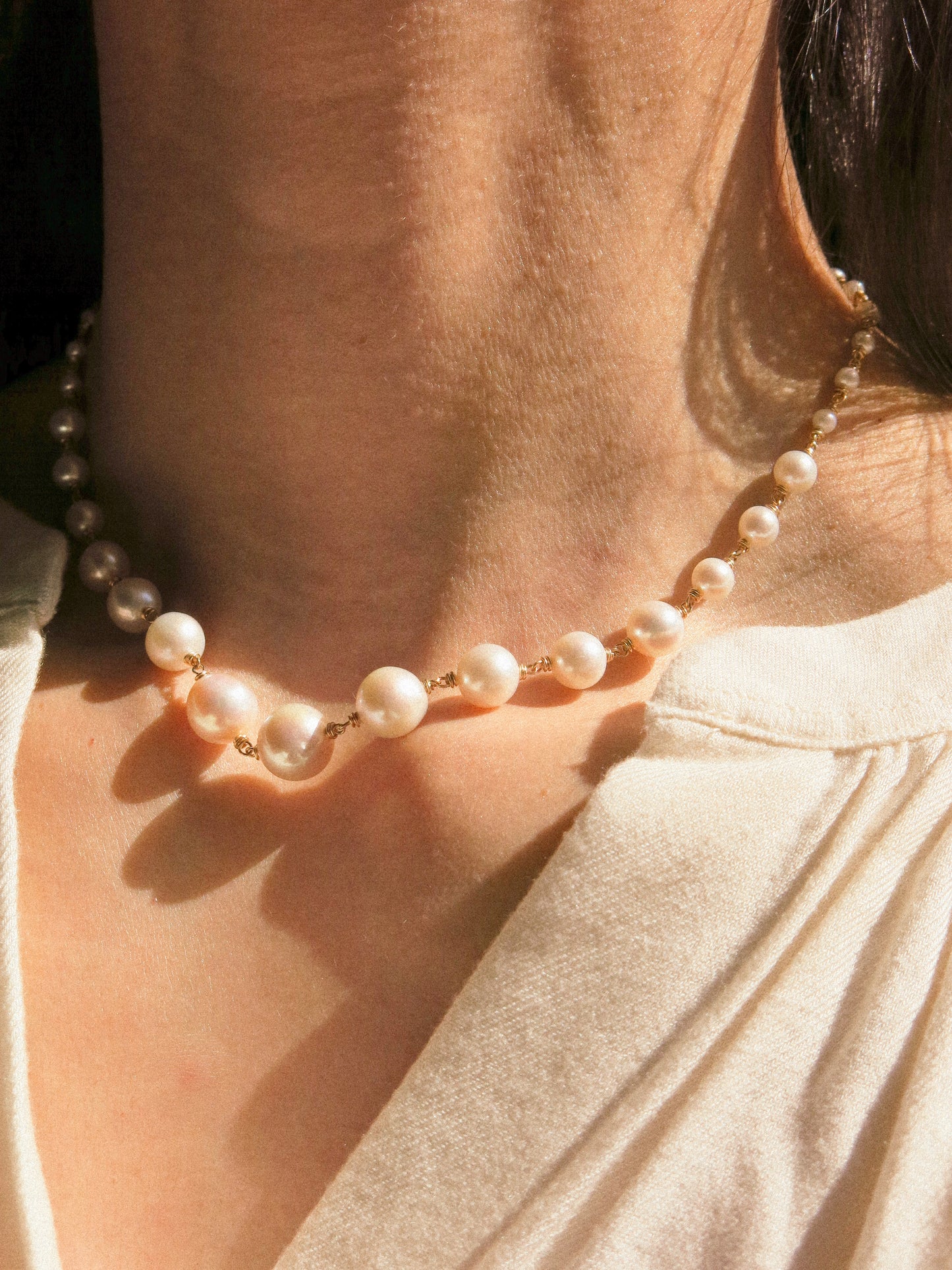 Graduated White Round Pearl Choker Necklace, 14K Gold Fill