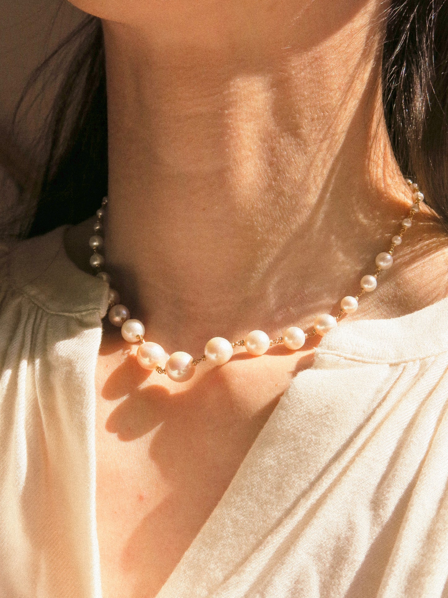 Graduated White Round Pearl Choker Necklace, 14K Gold Fill