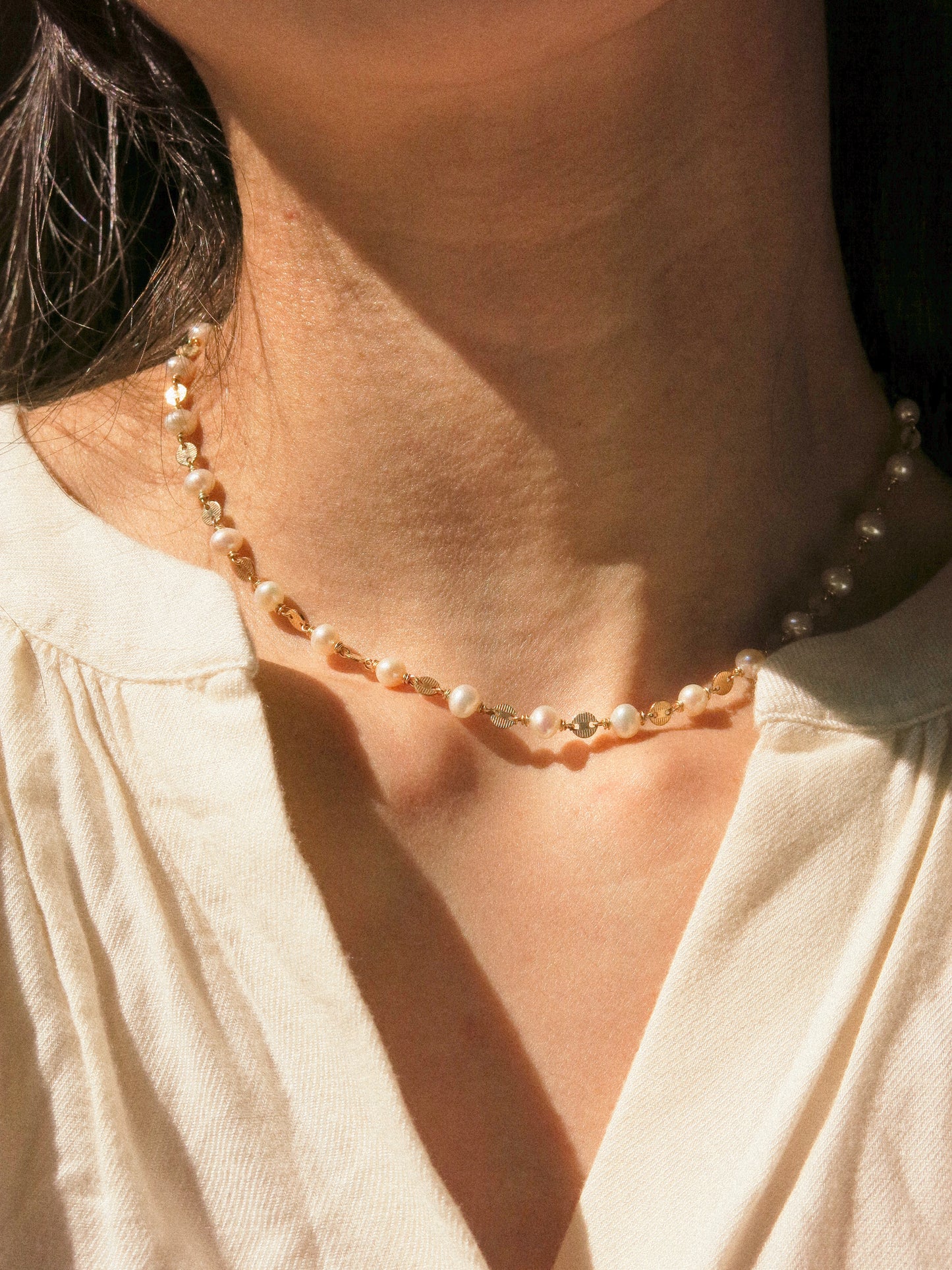 White Pearl and Textured Coin Link Choker Necklace, 14K Gold Fill