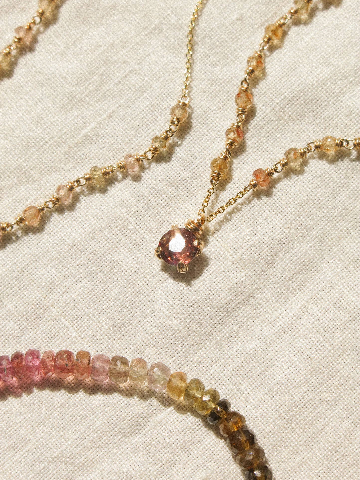 Prong Set Mauve Peach Faceted Round Spinel Necklace with Zircon Ombré Accent, 15", 14K Gold Fill