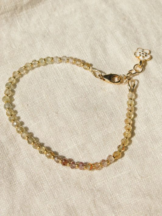 Mauve Ombré Zircon Strung Bracelet #2 with Gold Miyuki Beads and White Sakura Enamel Charm, 6" Adjustable, 14K Gold Fill