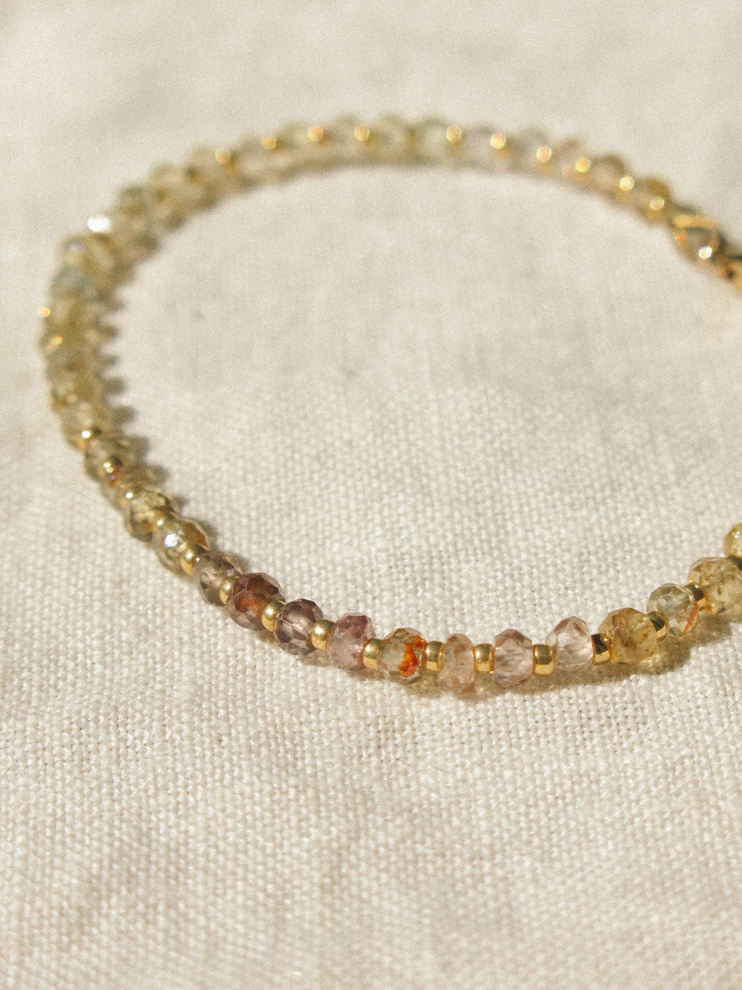 Mauve Ombré Zircon Strung Bracelet #2 with Gold Miyuki Beads and White Sakura Enamel Charm, 6" Adjustable, 14K Gold Fill