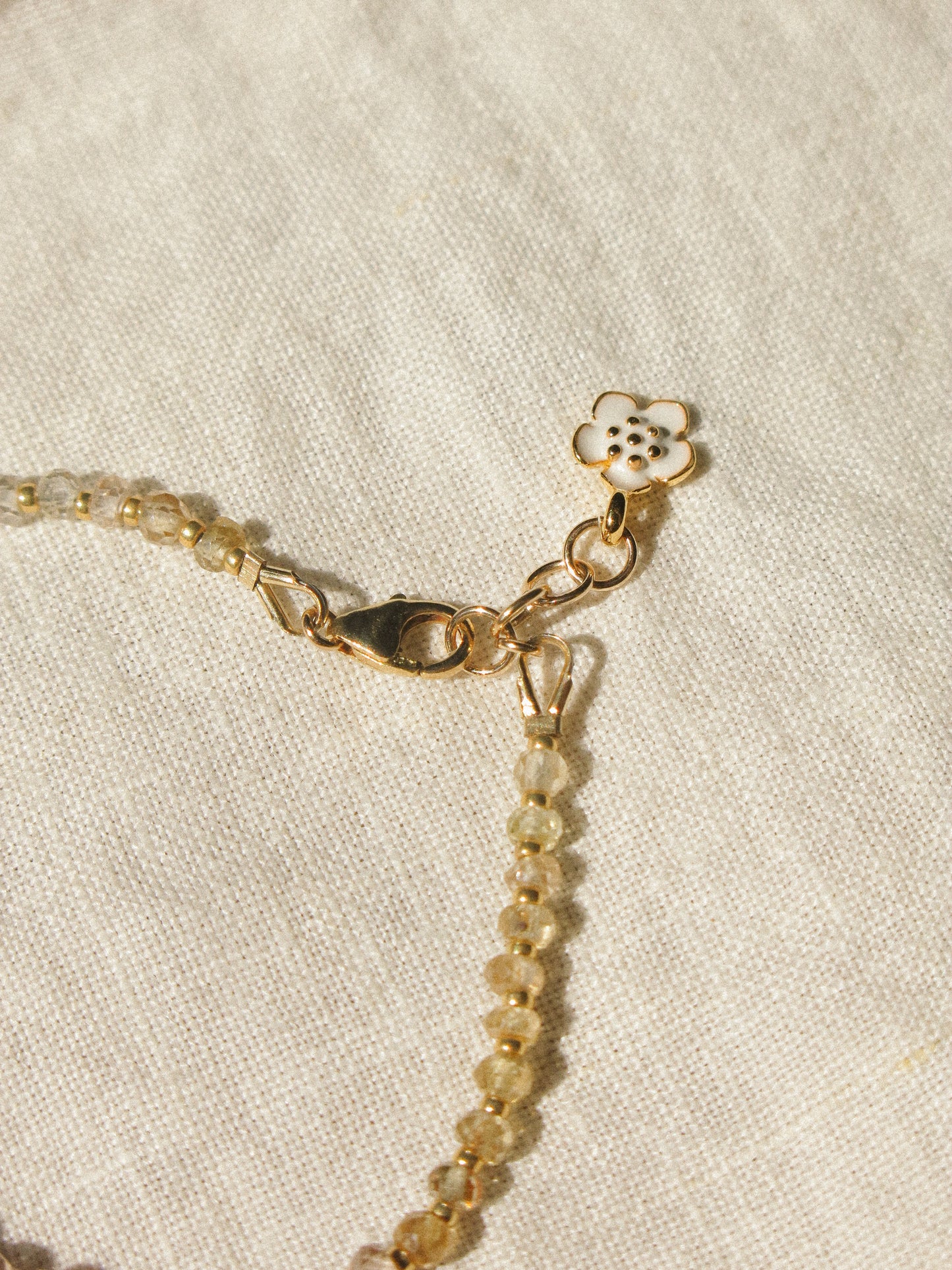 Mauve Ombré Zircon Strung Bracelet #2 with Gold Miyuki Beads and White Sakura Enamel Charm, 6" Adjustable, 14K Gold Fill
