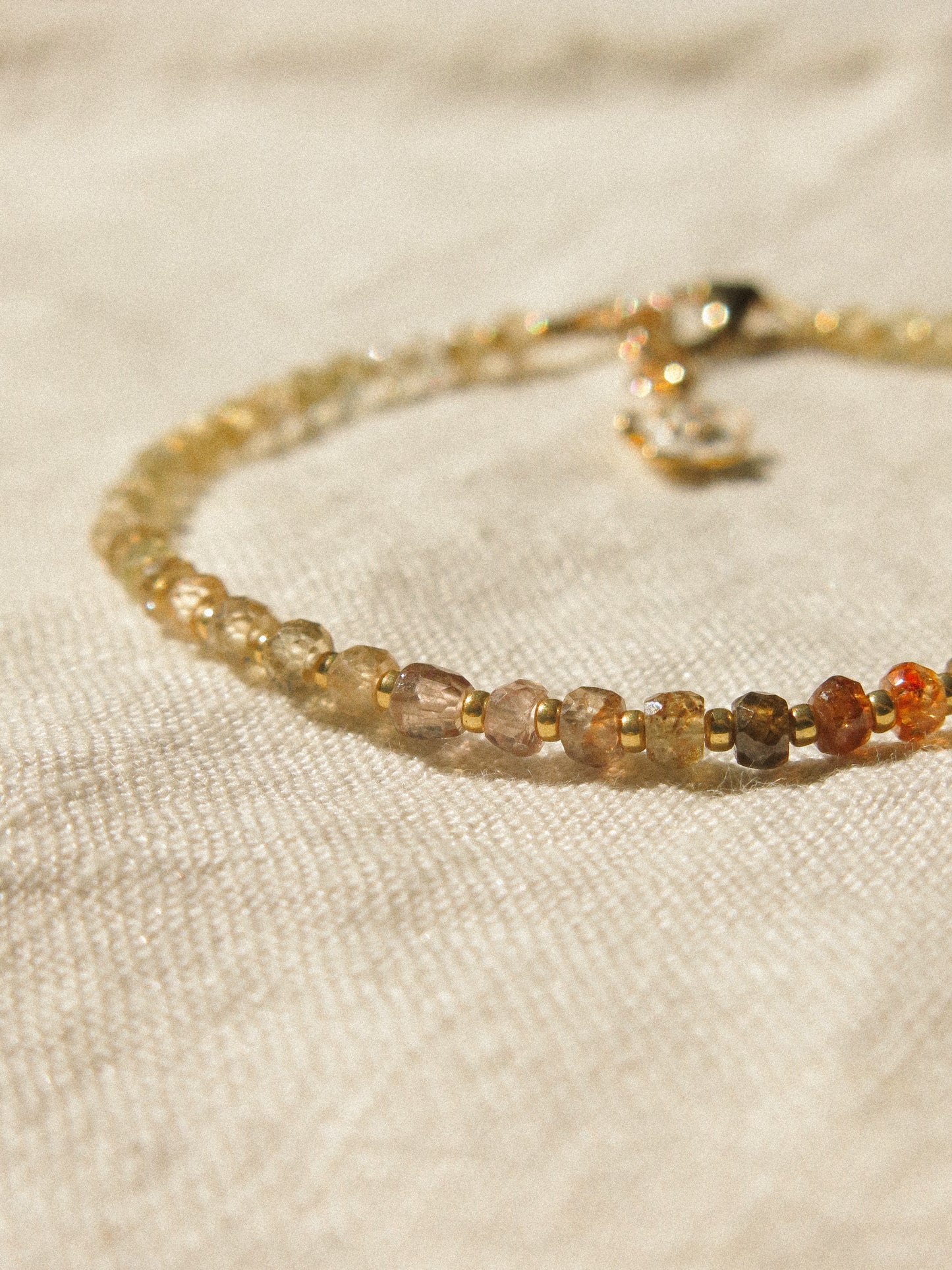 Mauve Ombré Zircon Strung Bracelet #1 with Gold Miyuki Beads and White Sakura Enamel Charm, 6.75" Adjustable, 14K Gold Fill