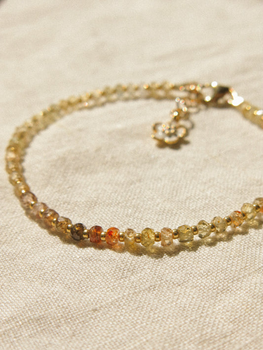 Mauve Ombré Zircon Strung Bracelet #1 with Gold Miyuki Beads and White Sakura Enamel Charm, 6.75" Adjustable, 14K Gold Fill