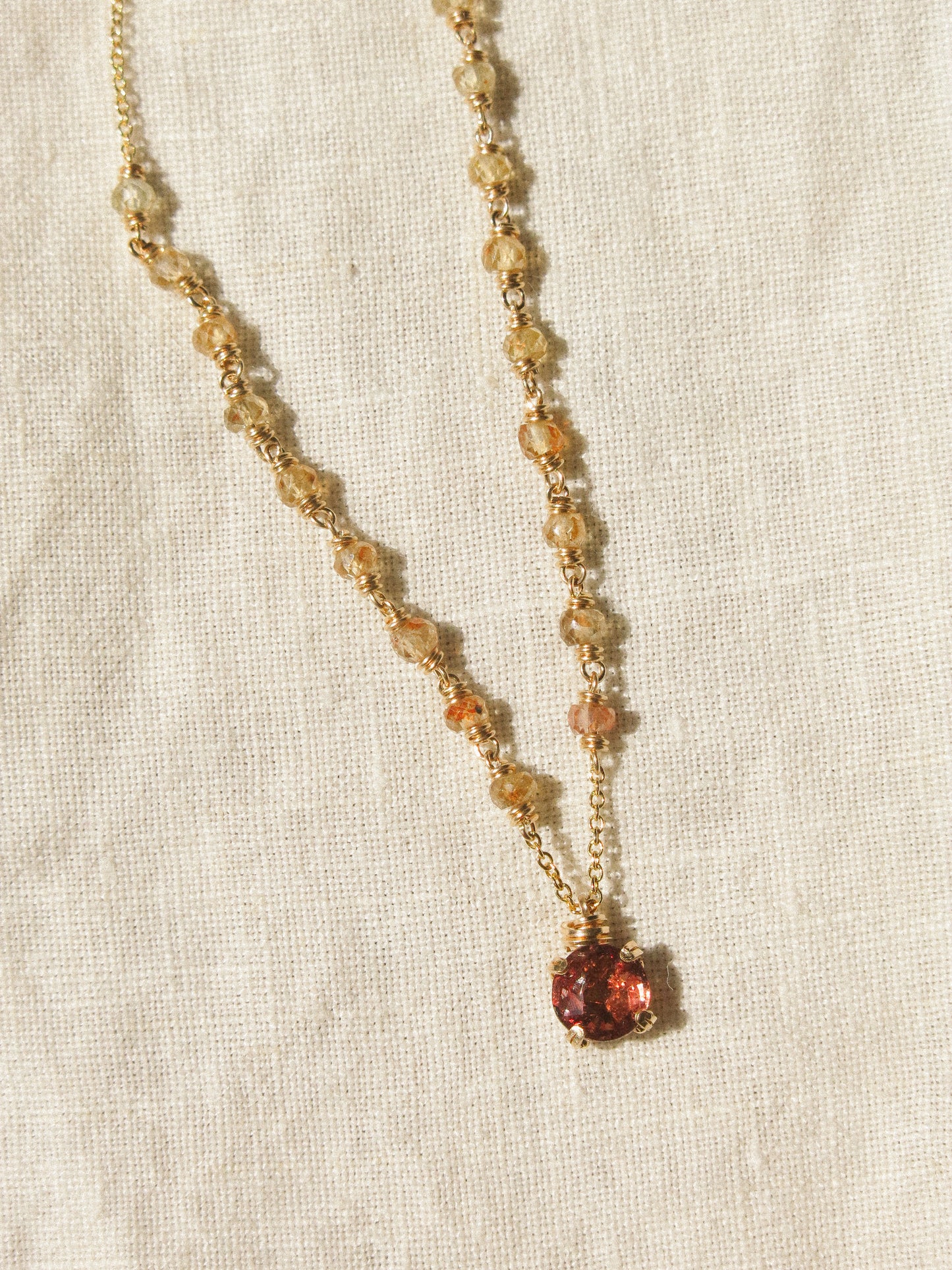 Prong Set Mauve Peach Faceted Round Spinel Necklace with Zircon Ombré Accent, 15", 14K Gold Fill