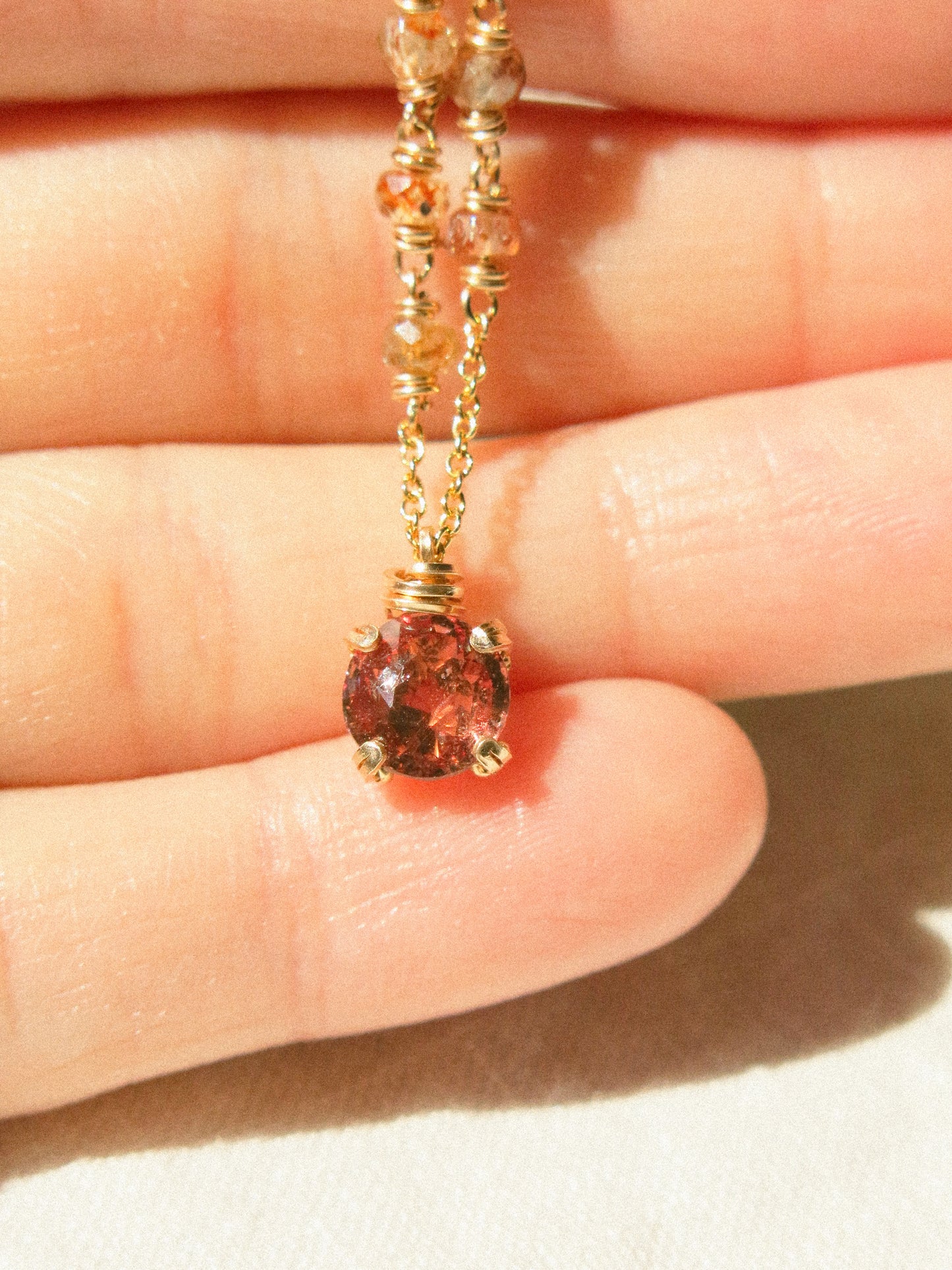 Prong Set Mauve Peach Faceted Round Spinel Necklace with Zircon Ombré Accent, 15", 14K Gold Fill