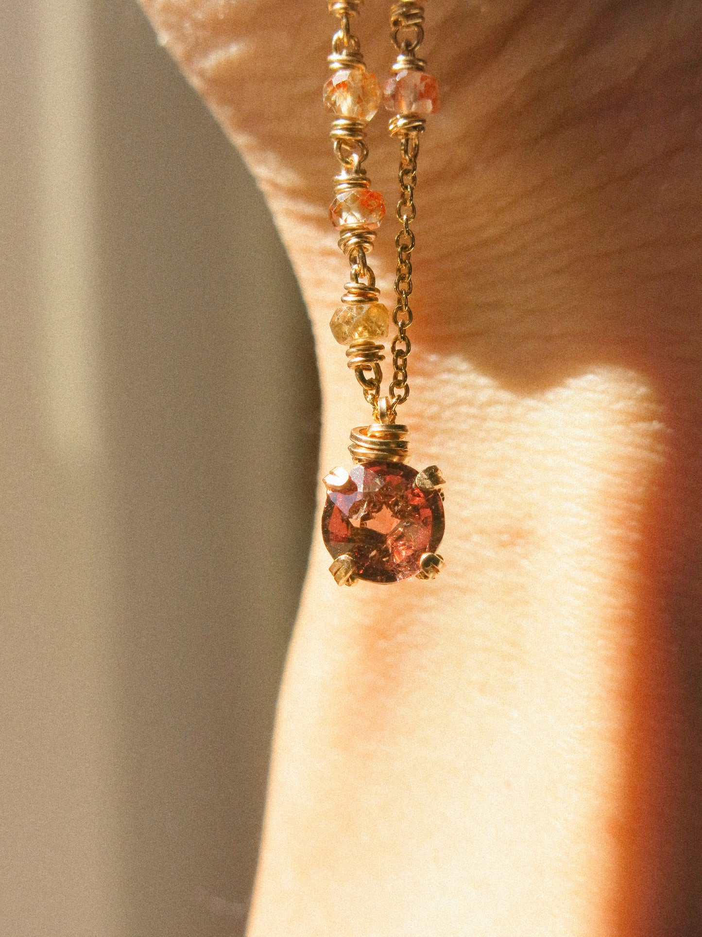 Prong Set Mauve Peach Faceted Round Spinel Necklace with Zircon Ombré Accent, 15", 14K Gold Fill