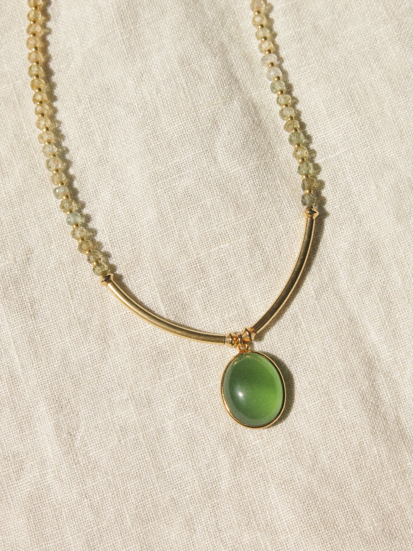 Serpentine 18K Gold Vermeil Bezel Set Pendant on Ombré Faceted Zircon Strung Necklace, 14.5", 14K Gold Fill