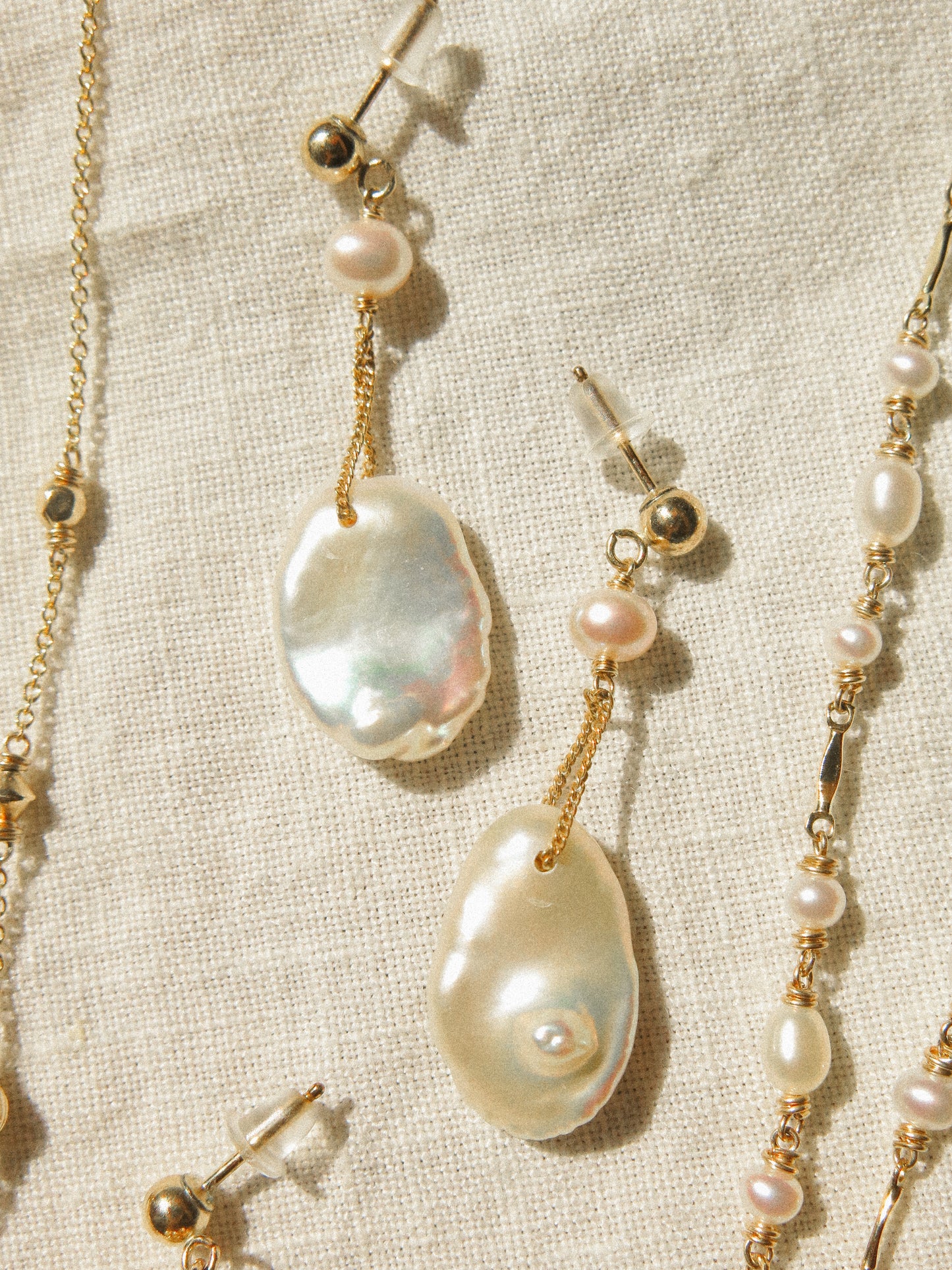 Petal Keshi Pearl on Ball Post Earrings on Curb Chain, 14K Gold Fill