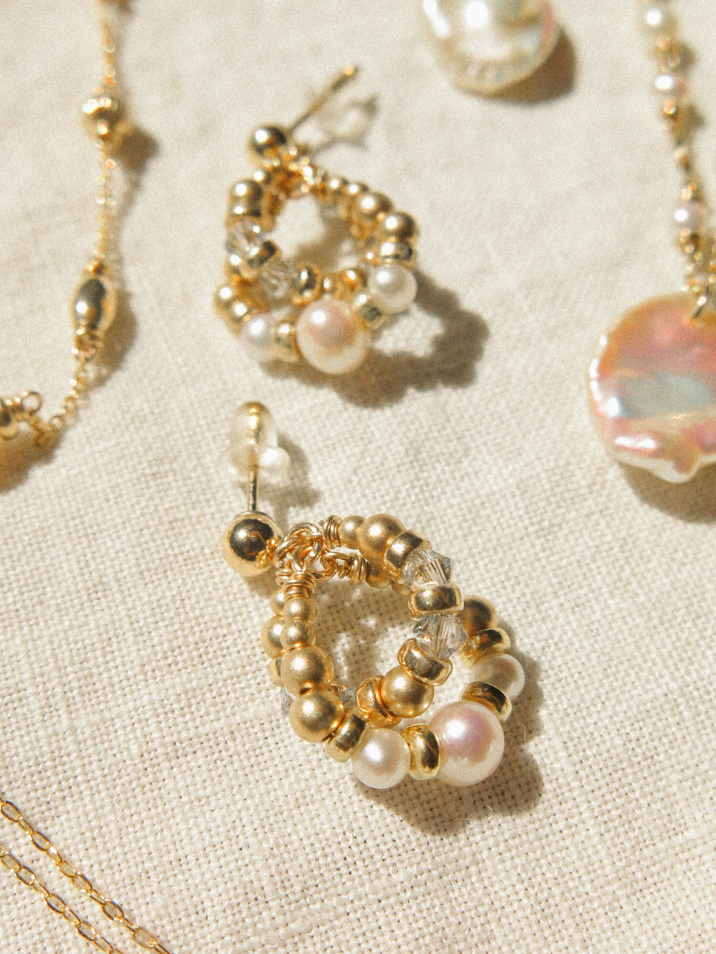 Intertwined Halo Earrings with White Pearl and Baby Blue Swarovski Crystals, 14K Gold Fill