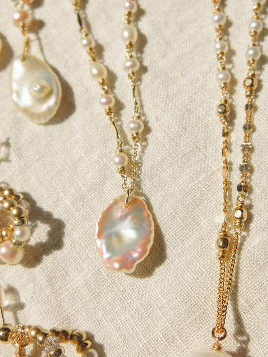 White Petal Keshi Pearl Necklace in Delicate Chain with AAA Pearls and Dapped Bars, 17", 14K Gold Fill