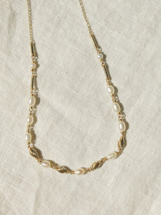 Minimalist White Pearl Choker Necklace with Gold Fill Beads, 15.25", 14K Gold Fill