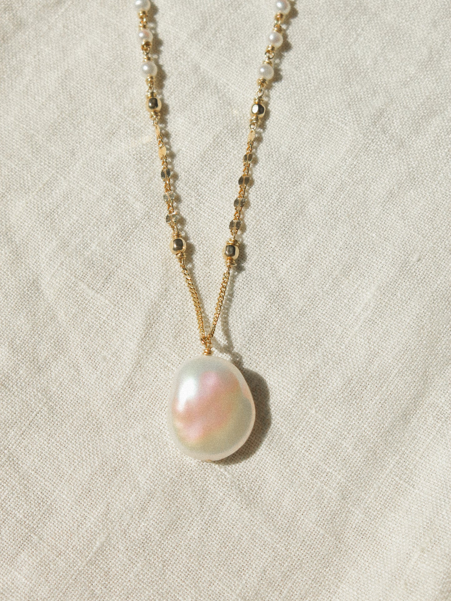 AAA White Organic Coin Keshi Pearl Necklace in Delicate Accent Chain, 18", 14K Gold Fill