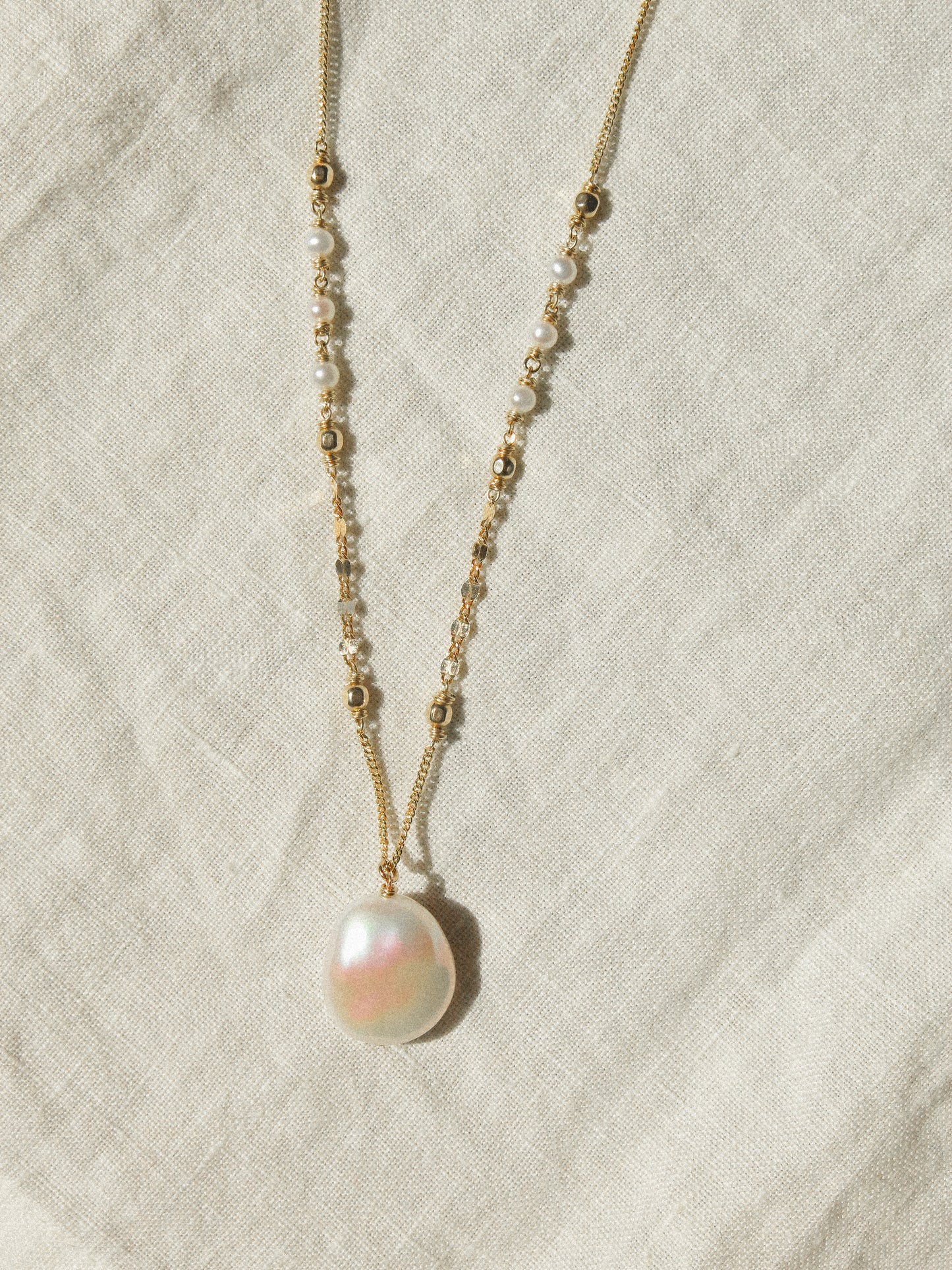AAA White Organic Coin Keshi Pearl Necklace in Delicate Accent Chain, 18", 14K Gold Fill
