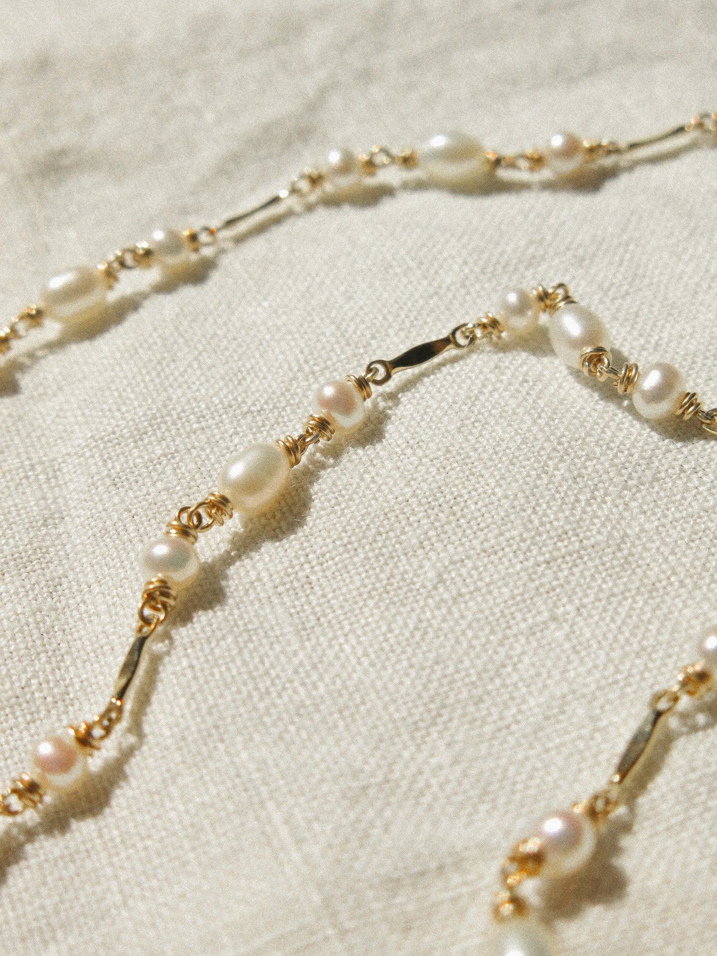 White Petal Keshi Pearl Necklace in Delicate Chain with AAA Pearls and Dapped Bars, 17", 14K Gold Fill