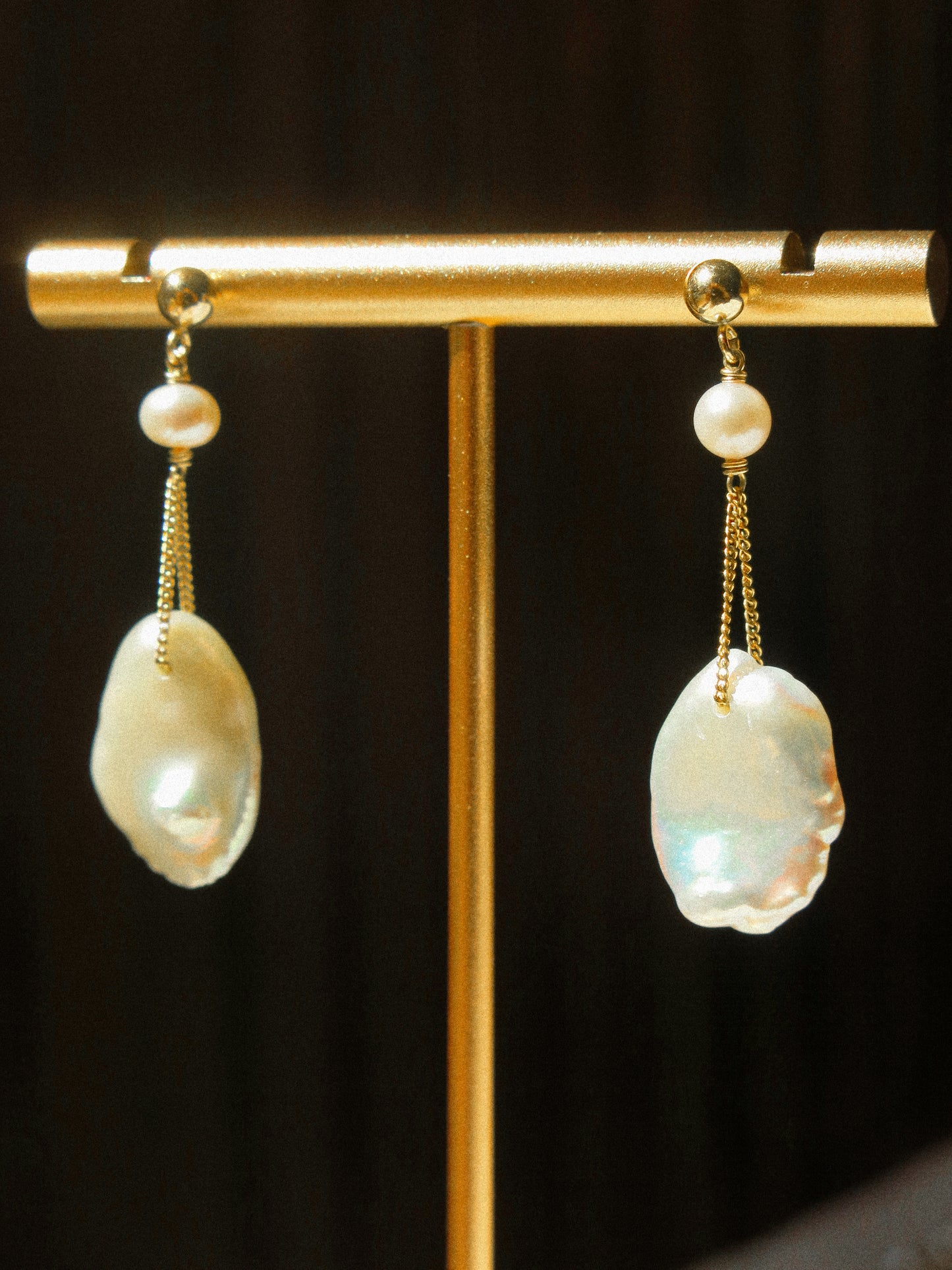 Petal Keshi Pearl on Ball Post Earrings on Curb Chain, 14K Gold Fill
