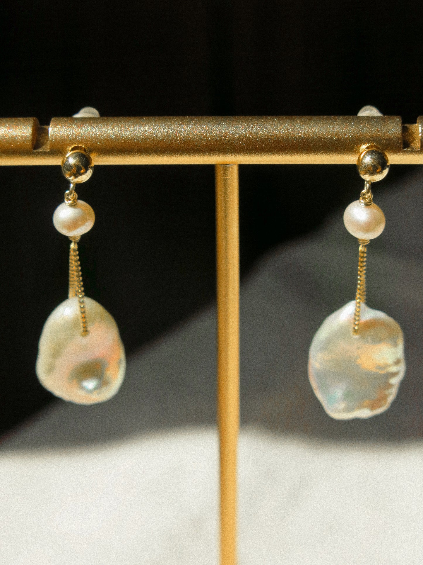 Petal Keshi Pearl on Ball Post Earrings on Curb Chain, 14K Gold Fill