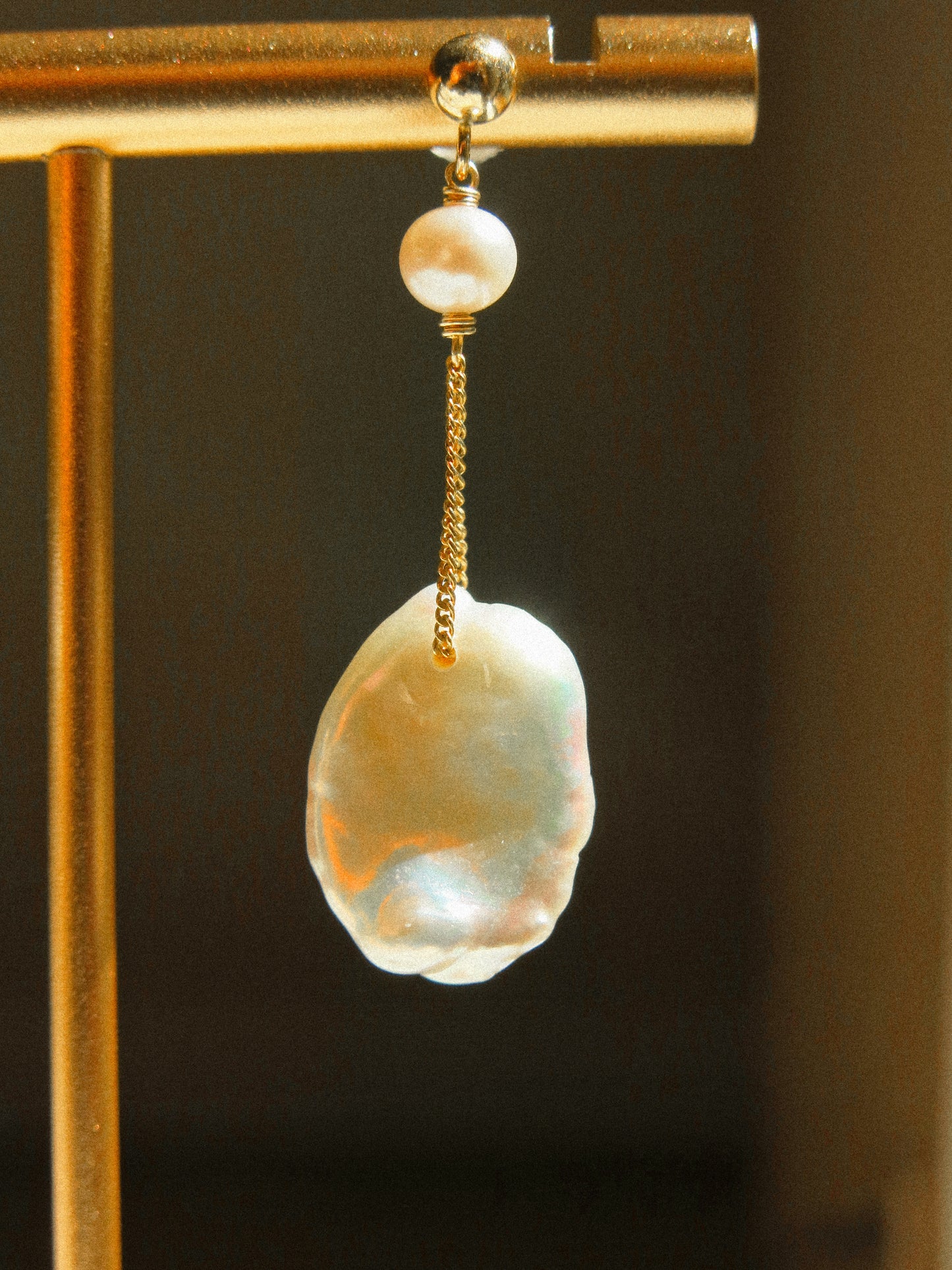Petal Keshi Pearl on Ball Post Earrings on Curb Chain, 14K Gold Fill