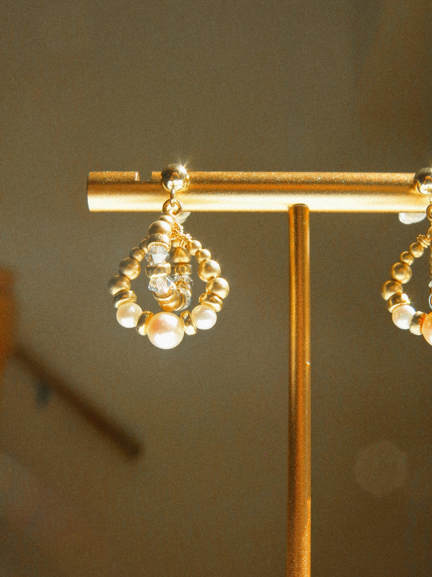 Intertwined Halo Earrings with White Pearl and Baby Blue Swarovski Crystals, 14K Gold Fill