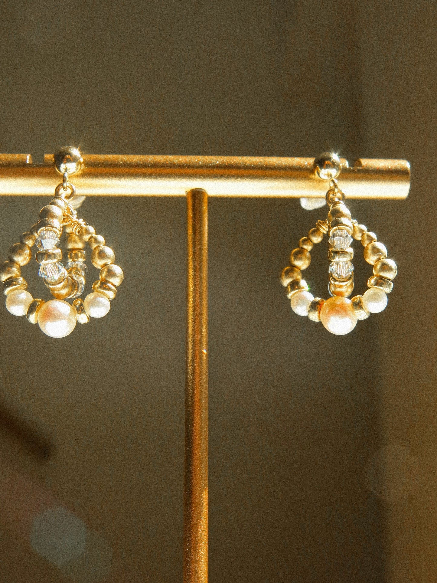 Intertwined Halo Earrings with White Pearl and Baby Blue Swarovski Crystals, 14K Gold Fill